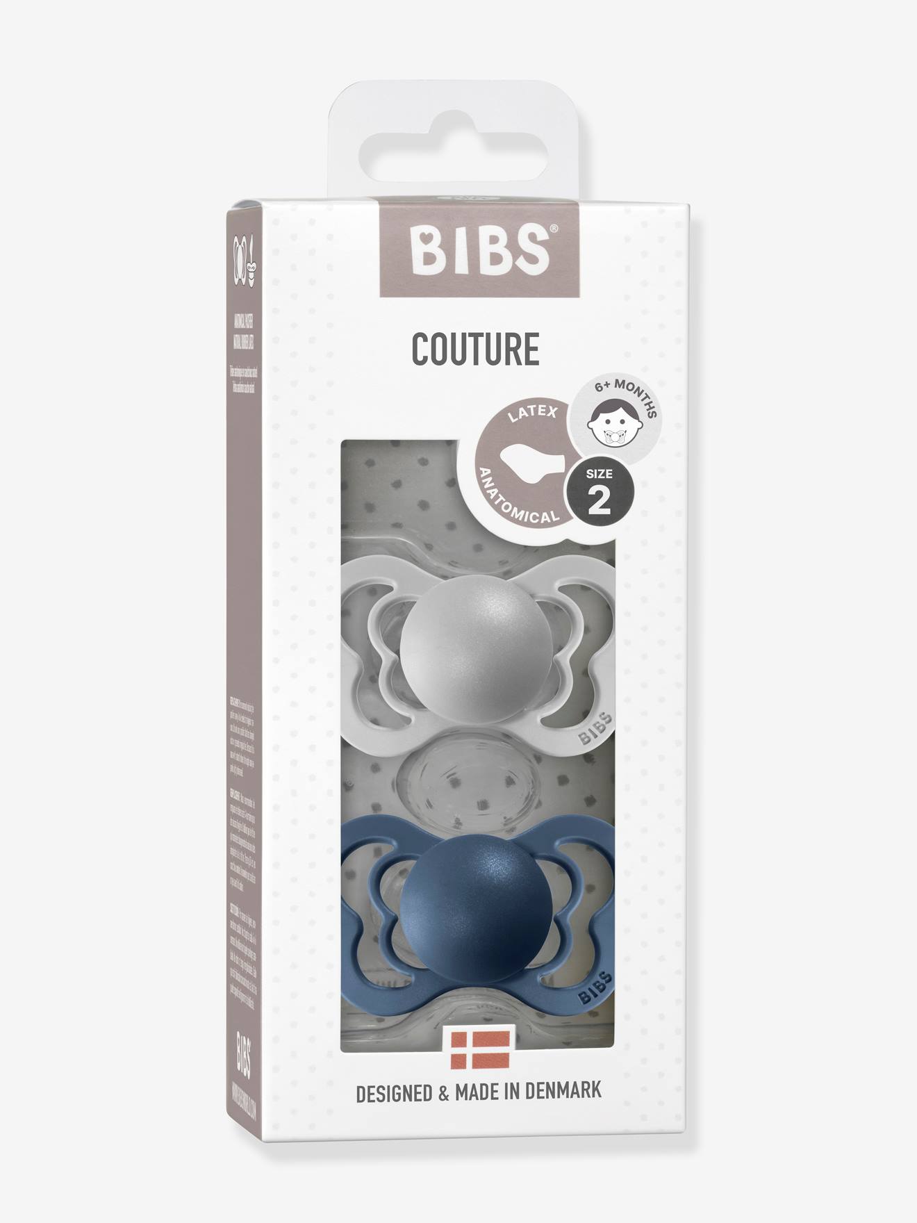 Lot de 2 sucettes-tétines BIBS Couture, taille 2 de 6 à 18 mois gris nuage + bleu acier