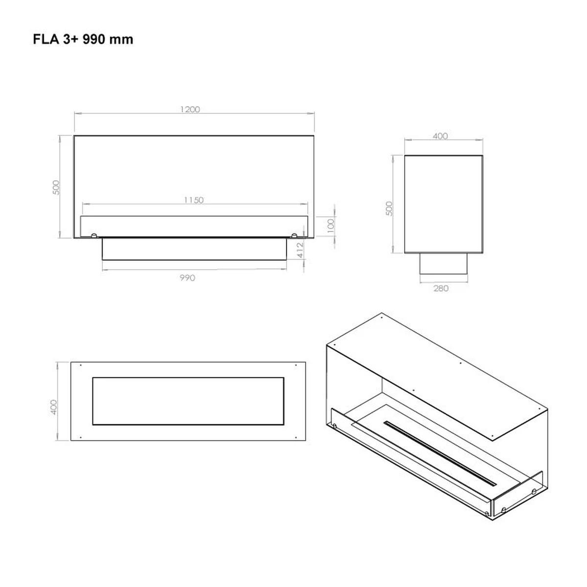 Foco Foco Ecke Rechts 1200, Bioethanol Kamin für die rechte Ecke, 1200 mm, manueller oder automatischer Brenner, 6,2 kW.