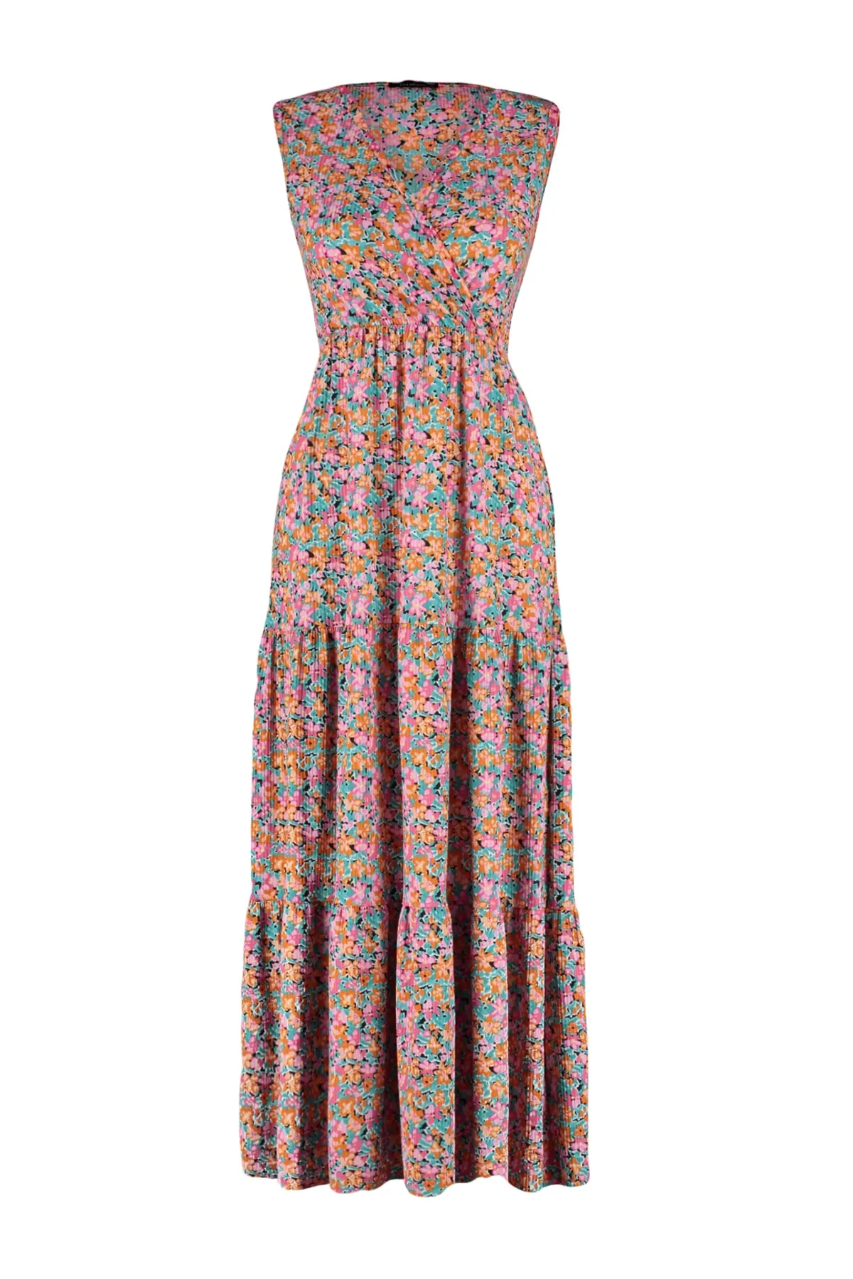 Trendyol Collection  Mehrfarbiges, floral gemustertes, ärmelloses Maxi-Strickkleid in A-Linie mit V-Ausschnitt TWOSS22EL1588