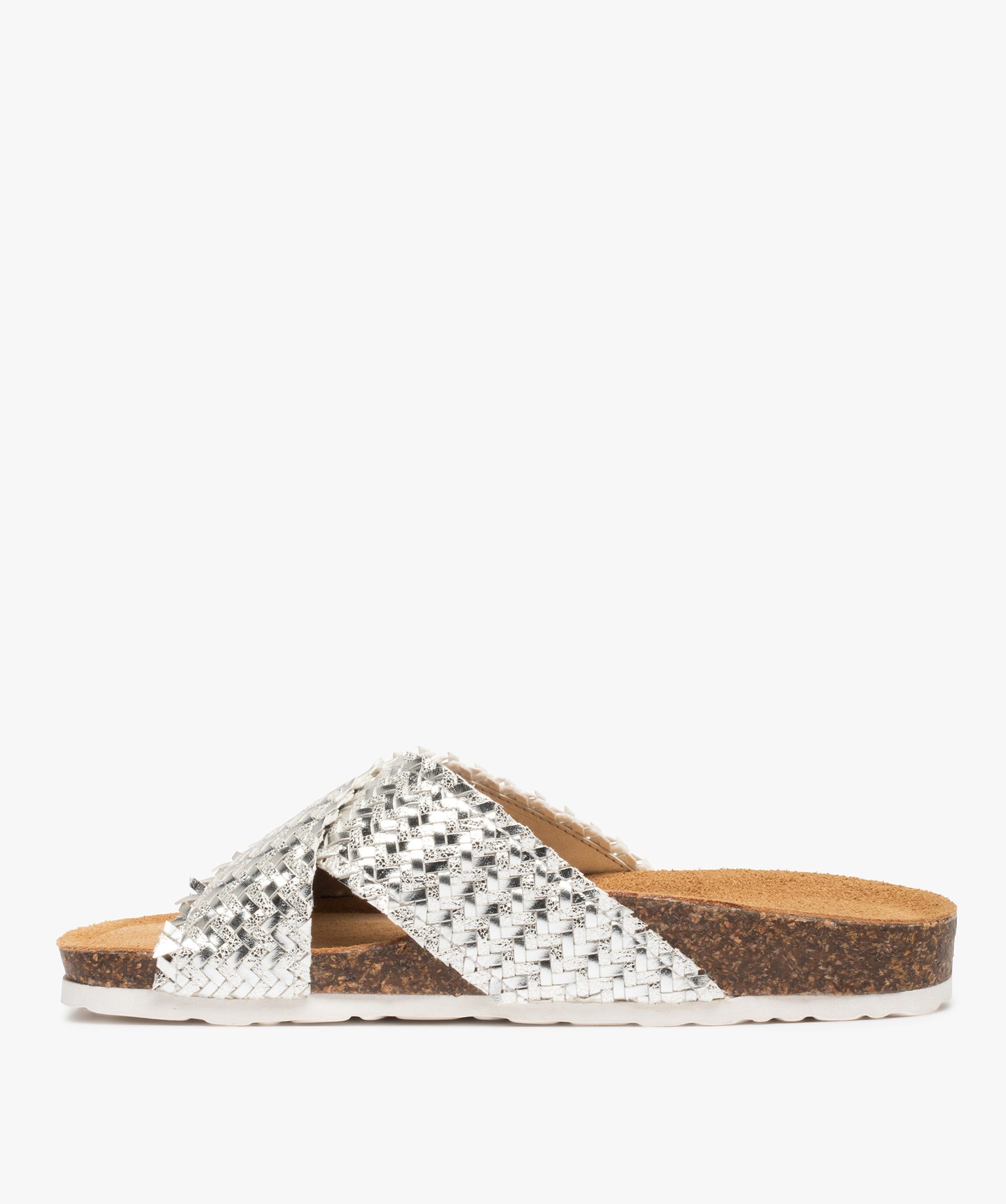 Mules femme plates à brides tressées métallisées gris | GEMO