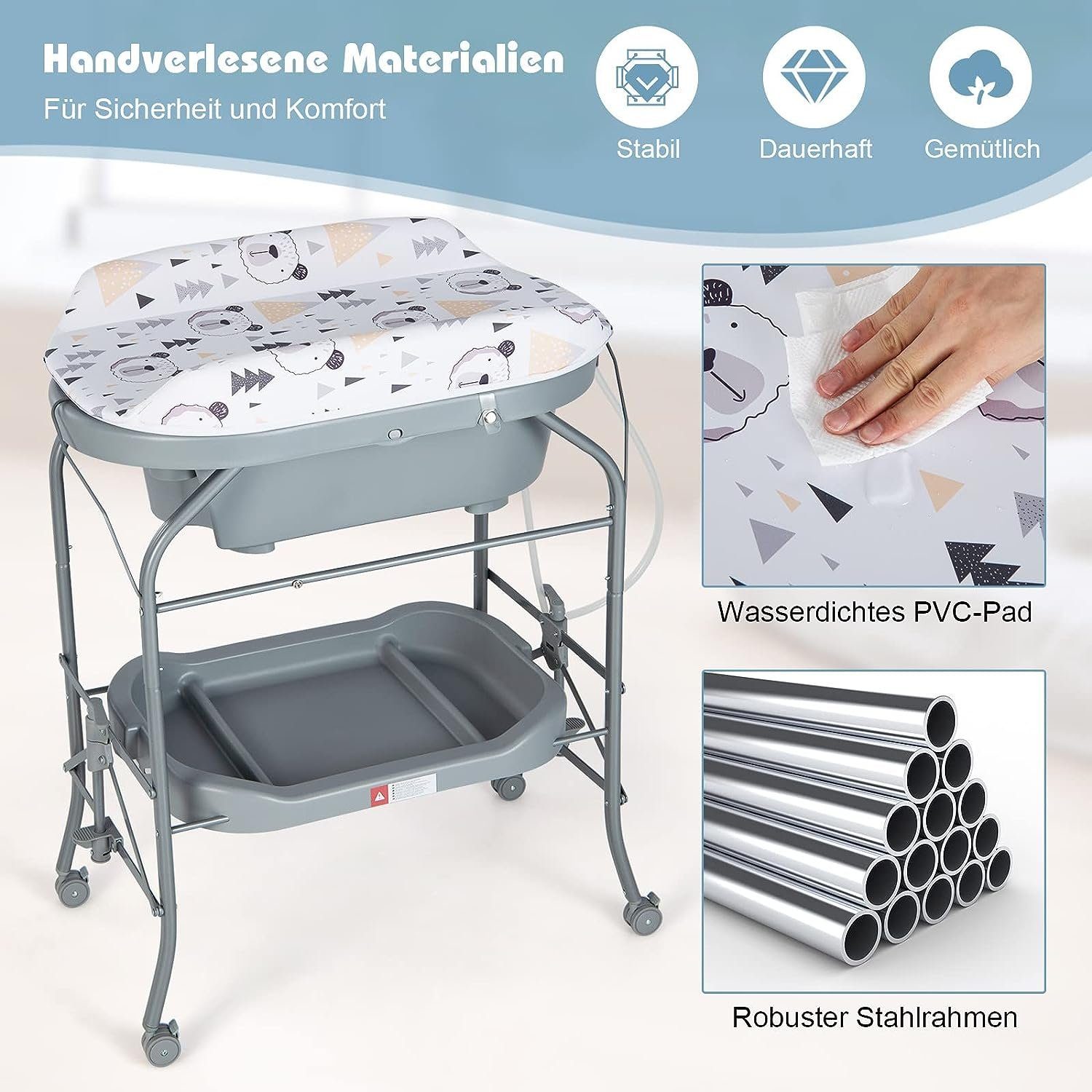 KOMFOTTEU Badewanne Baby-Badetisch, mit Rollen aus PP, für 0-12 Monaten