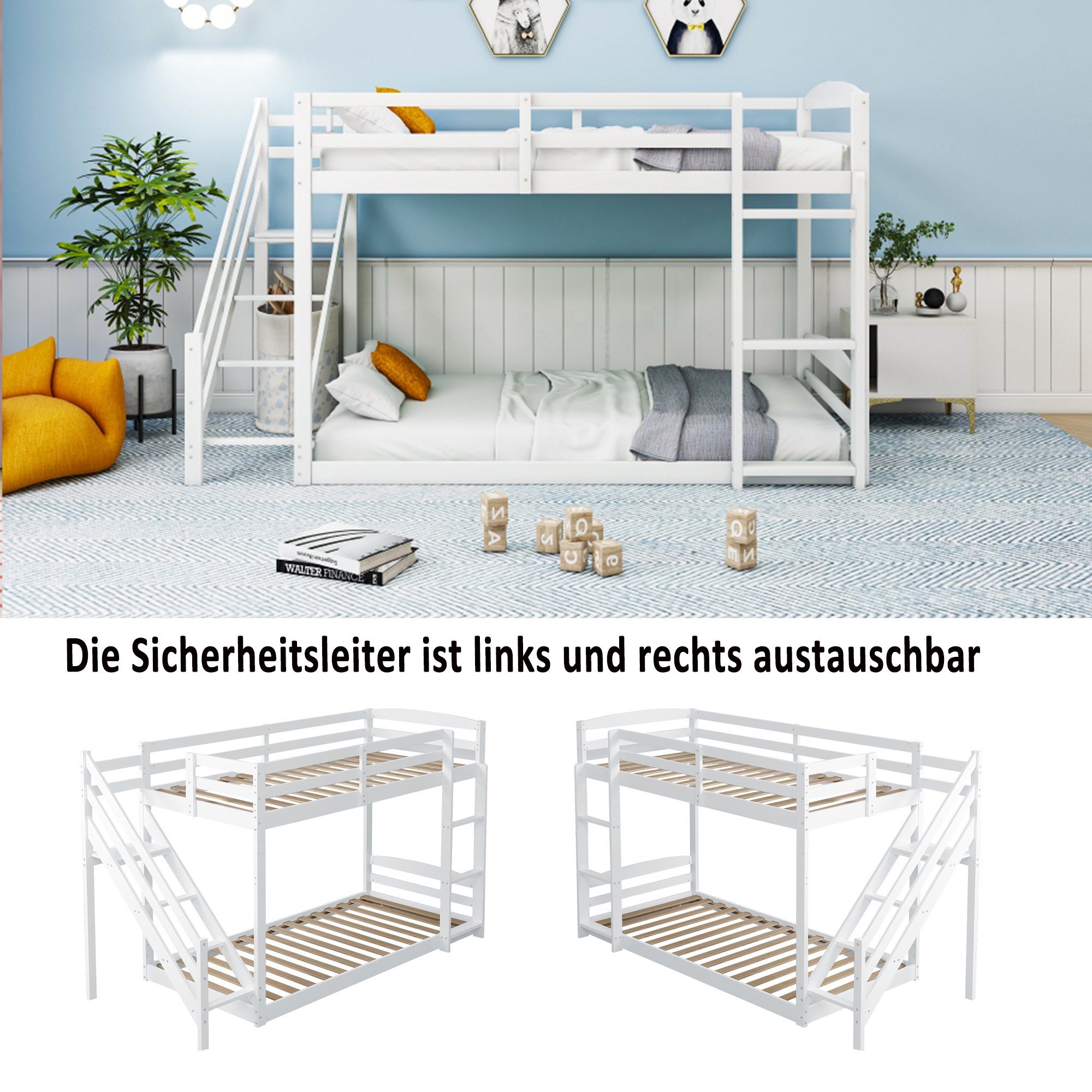 REDOM Etagenbett Holzbett Tagesbett Kinderbett Gästebett 90*200cm (mit zwei Sicherheitstreppen links und rechts, Massivholz-Etagenbett mit Lattenrost), ohne Matratze