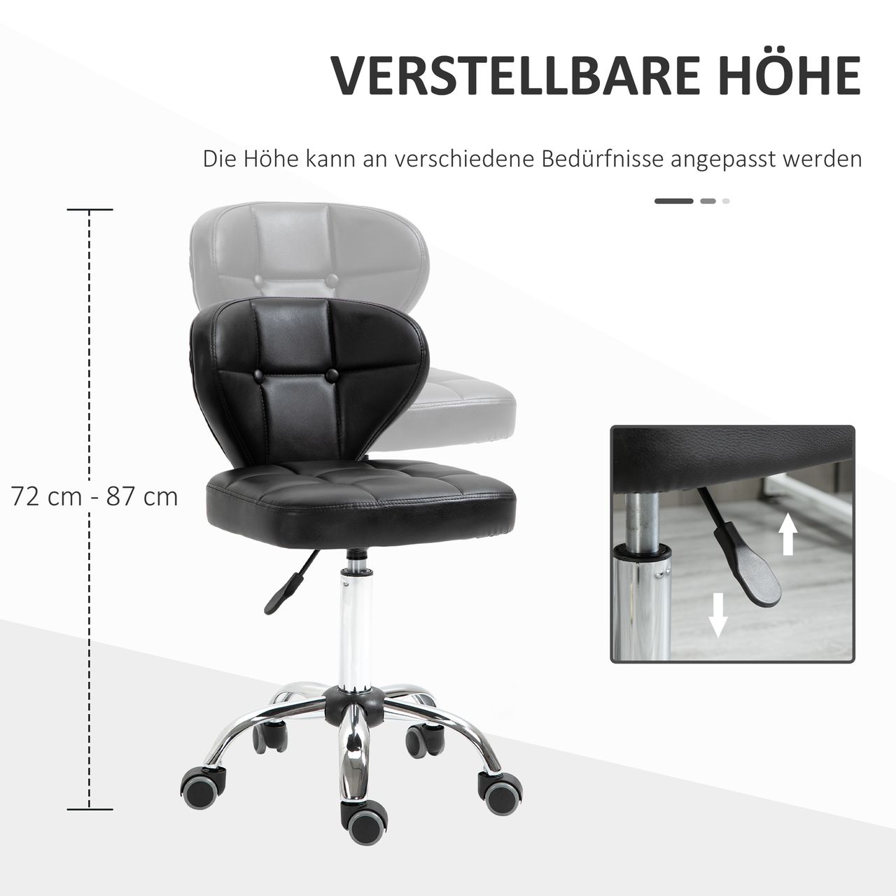 HOMCOM 2er-Set Arbeitshocker mit Rückenlehne Rollhocker aus Kunstleder Drehhocker mit Lehne Kosmetikhocker 72-87 cm höhenverstellbar Büro Dunkelgrau 45 x 47 x 72-87 cm