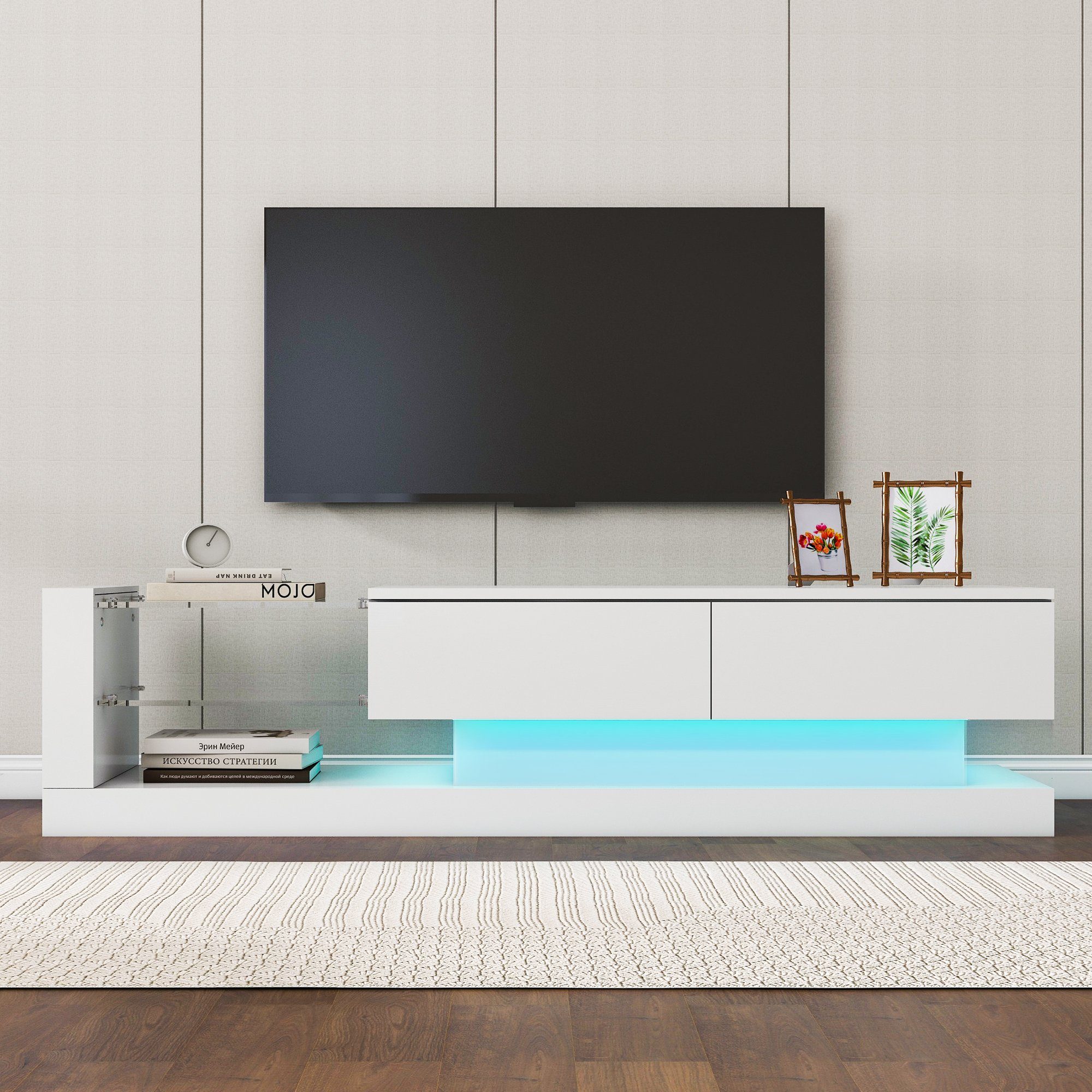 OKWISH TV-Schrank TV-Schrank hochglanz mit Klapptüren (Breite:140cm) TV-Schrank, mit Glasablagen und LED-Beleuchtung