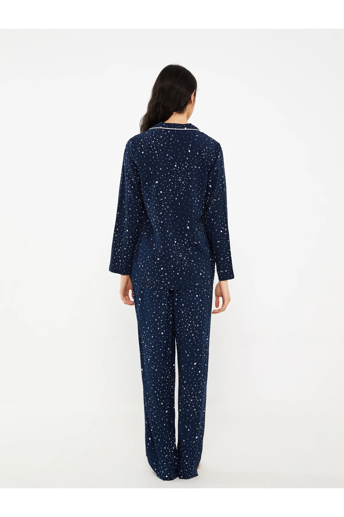 LC Waikiki  Gemustertes, langärmliges Damen-Pyjama-Set mit Hemdkragen