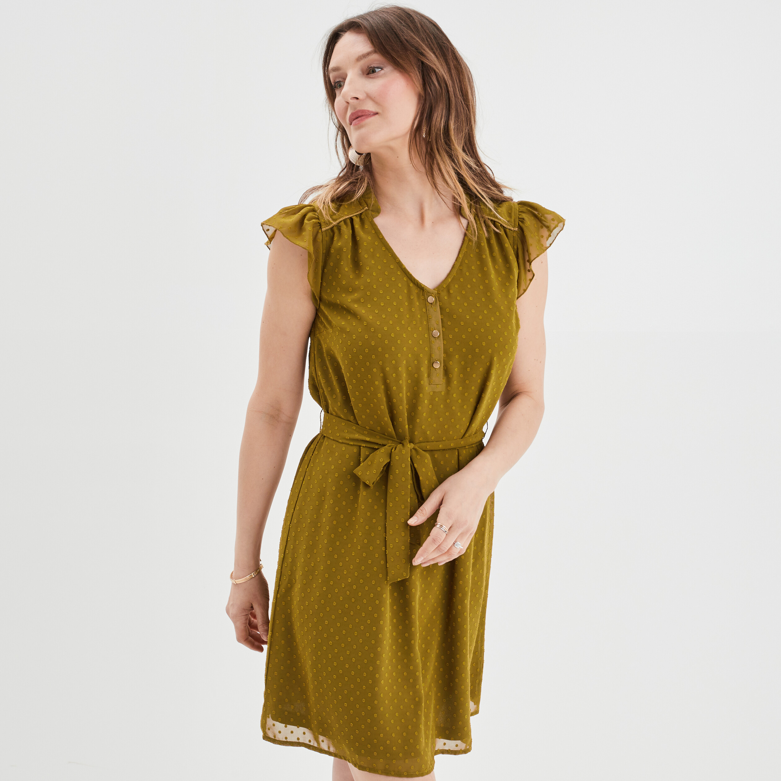 Robe plumetis droite ceinturée vert olive femme | La Halle