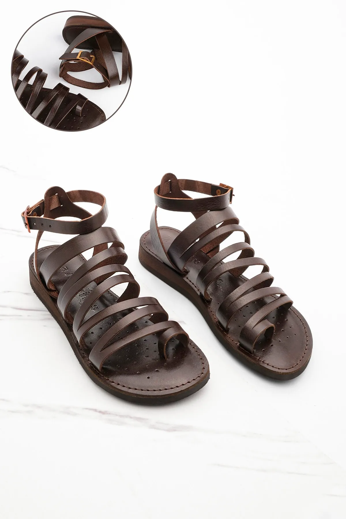 Marjin  Damen-Flip-Flops aus echtem Leder, leichte Sandalen mit Eva-Sohle, Saper Brown