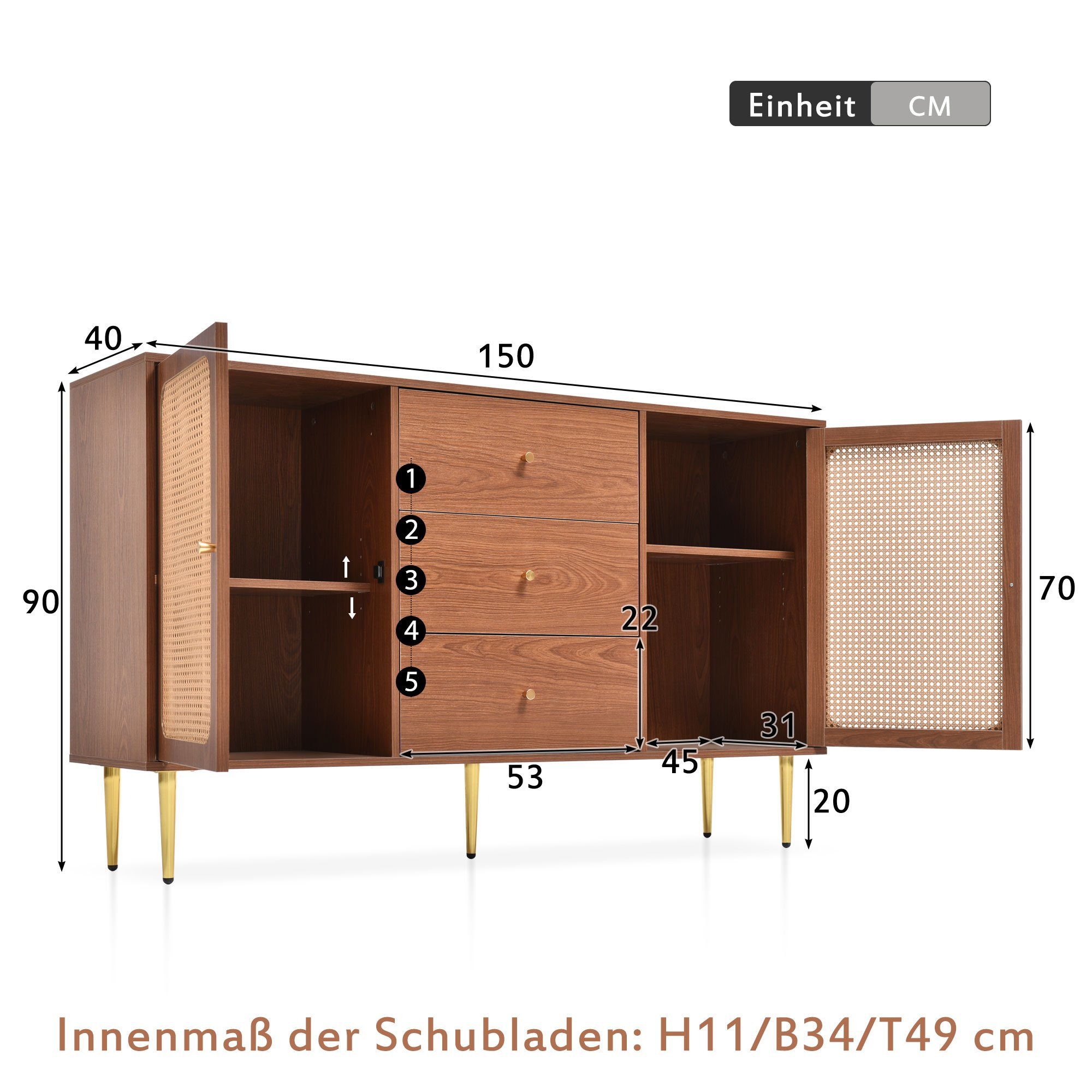 Flieks Kommode, Sideboard 3 Schubladen 2 Türen Rattan Nussbaum 150x40x90cm
