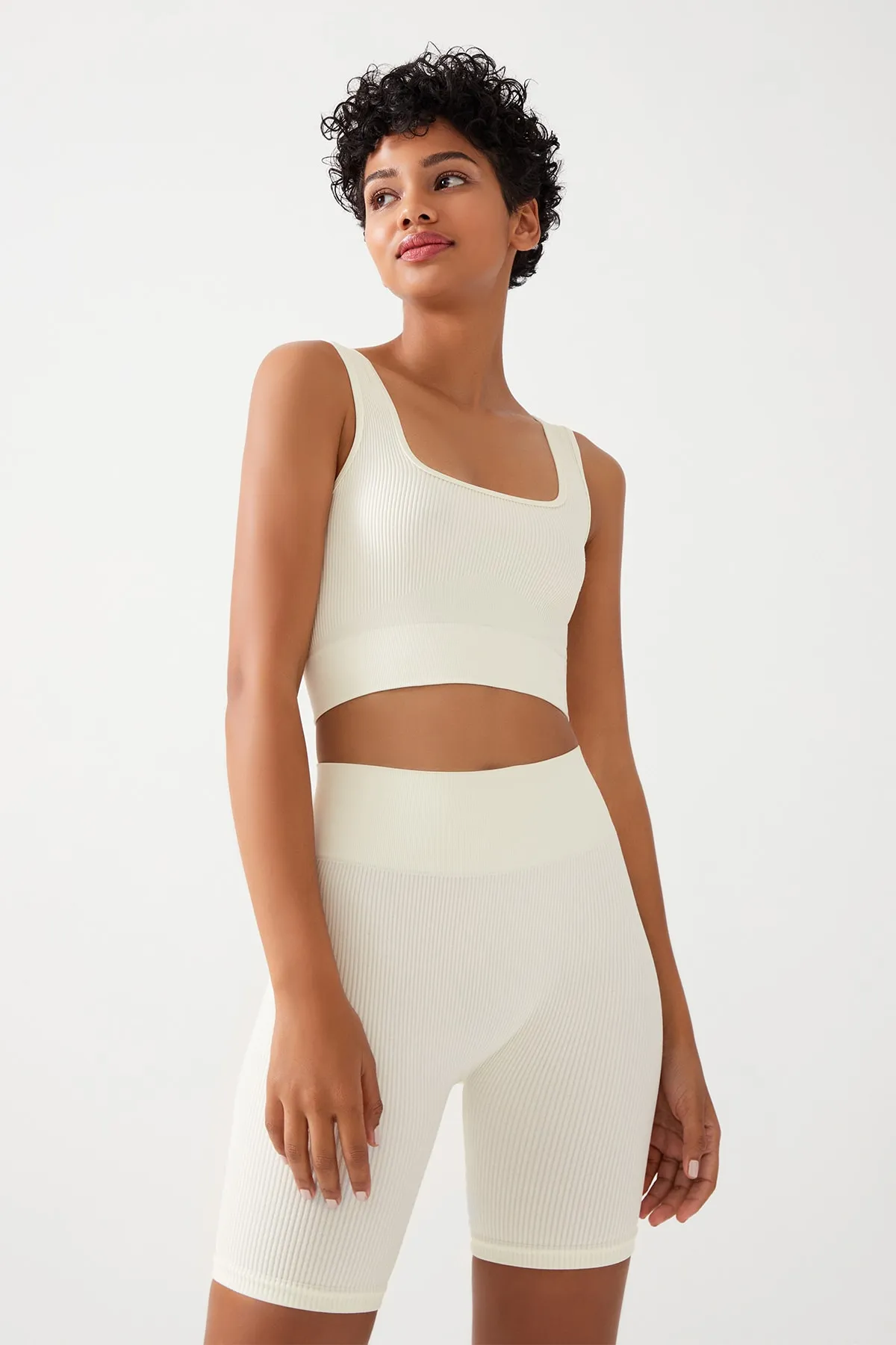 LOS OJOS  Ecrufarbenes, geripptes Crop-Top mit quadratischem Ausschnitt und Bustier für Damen