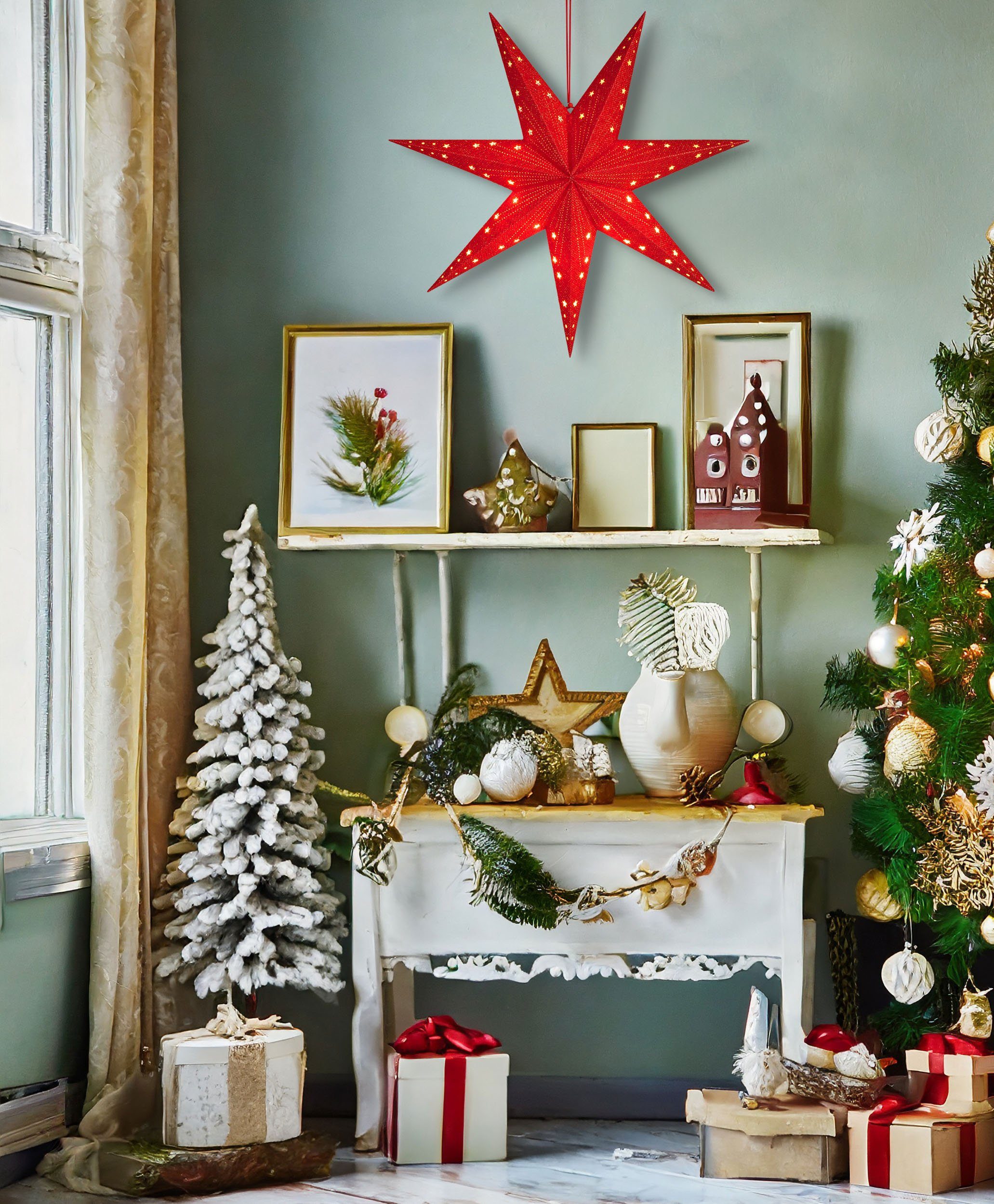 BRUBAKER Dekostern Weihnachtsstern zum Aufhängen mit E14 Fassung - 60 cm Papierstern, 1 St., 3D Adventsstern mit 3,5 m Kabel - Fenster Deko Leuchtstern Hängend