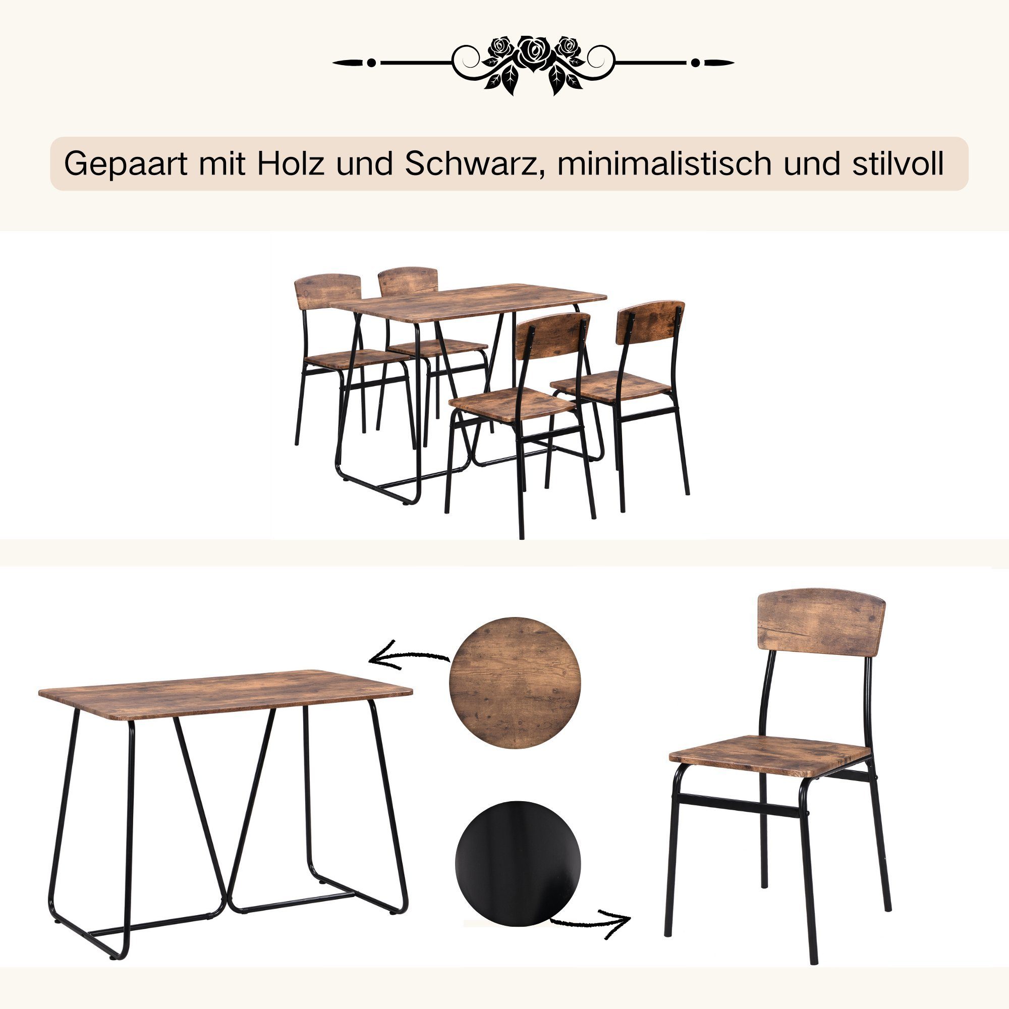HAUSS SPLOE Essgruppe Essgruppe mit Esstisch und Stühle Küchen Esstisch Set, (Sitzgruppe Küchentisch mit 4 Stühlen, 5-tlg), für Esszimmer Outdoor Garten