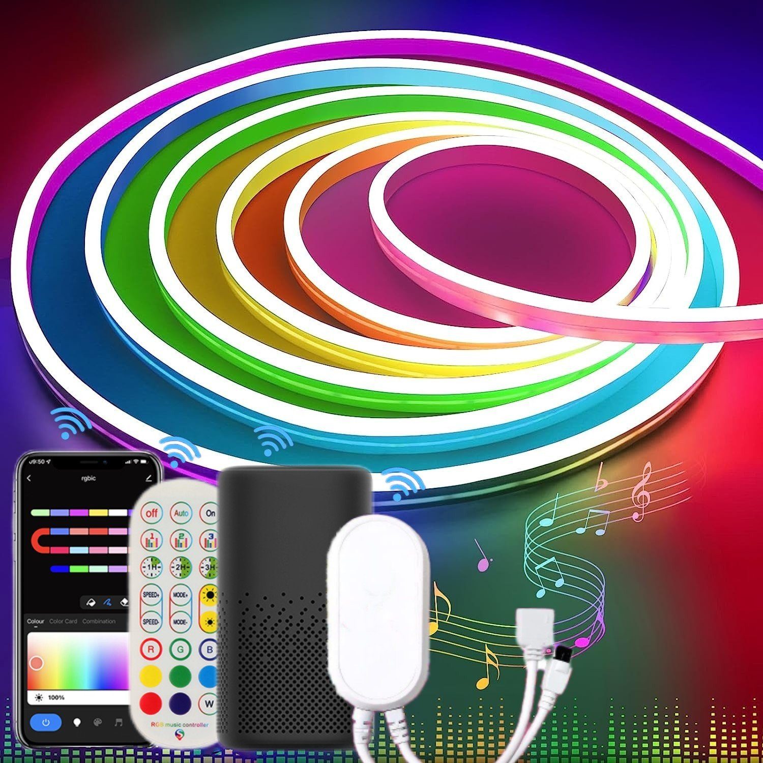 LETGOSPT LED-Streifen 3m Neon Led strip, APP Steuerung, mit Fernbedienung, IP67 wasserdichte, 12V Rgbflexible Neon LED Streifen anwendbar auf Innen Außendekoration