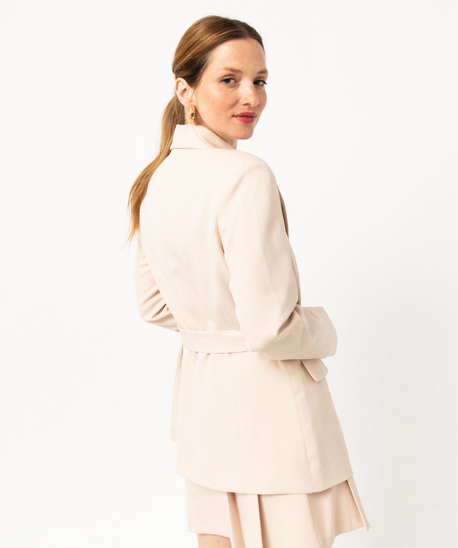 Veste blazer longue fermeture croisée avec ceinture femme beige | GEMO