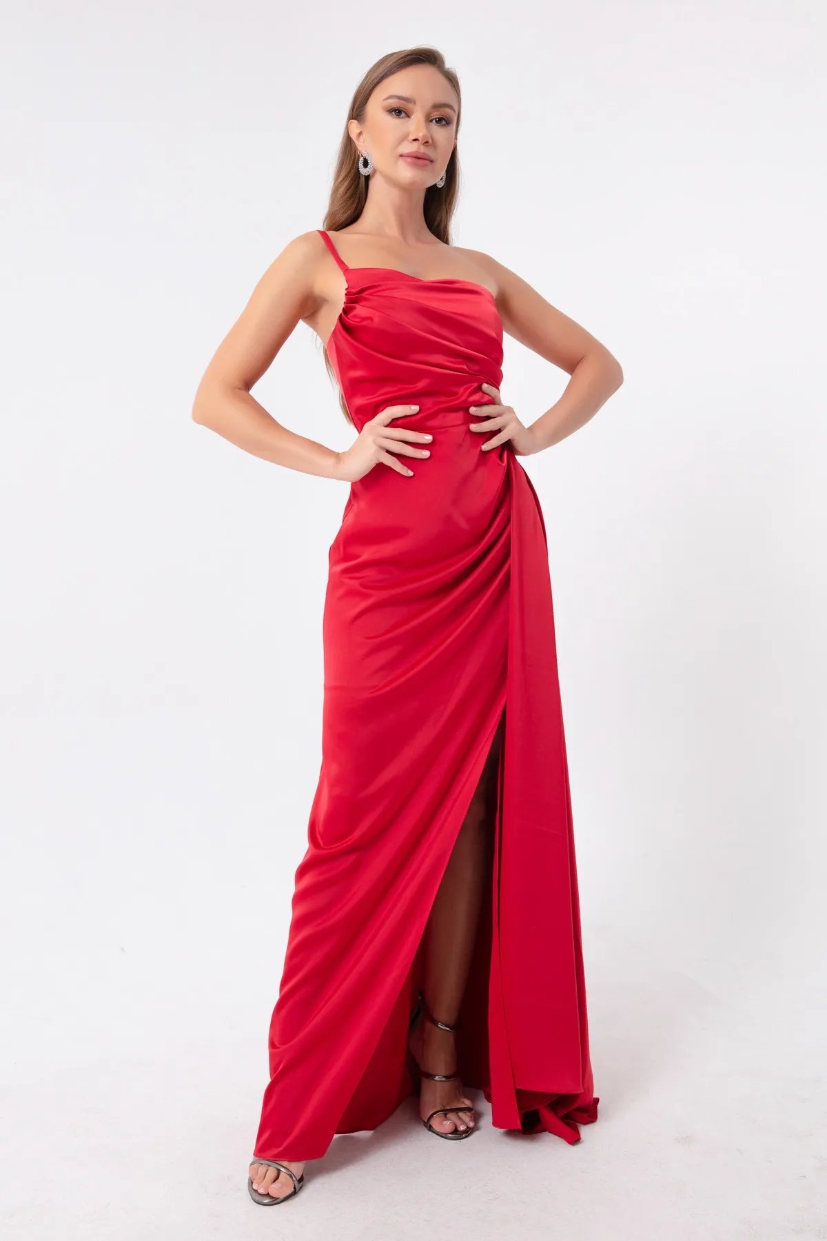 Lafaba  Rotes One-Shoulder-Abendkleid und Abschlusskleid aus Satin für Damen