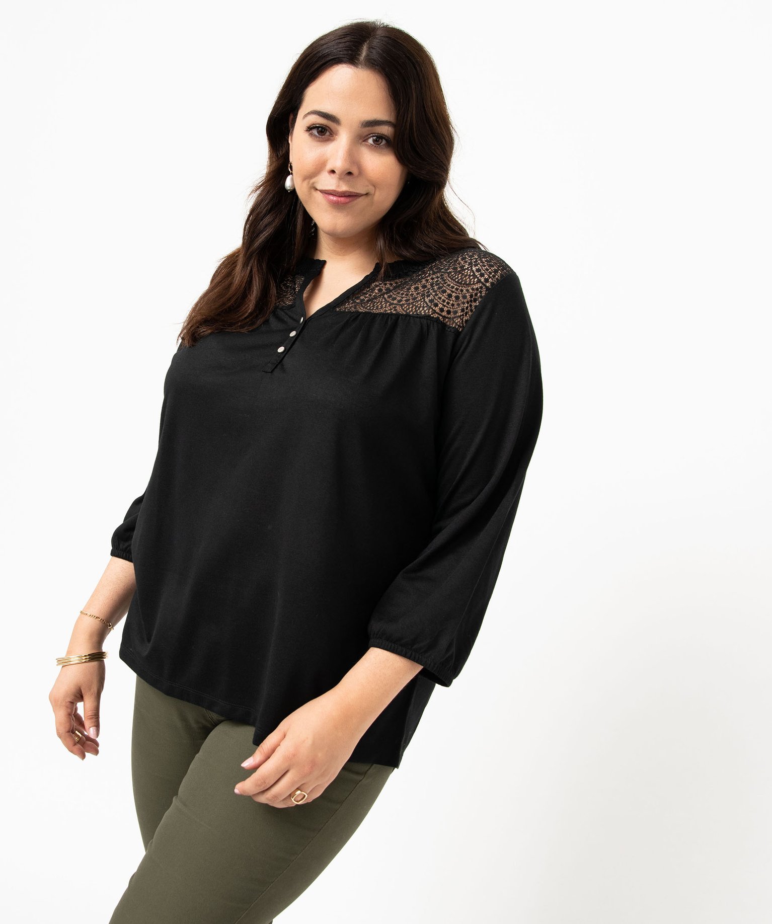 Tee-shirt droit manches 3/4 à col boutonné femme grande ta... noir | GEMO
