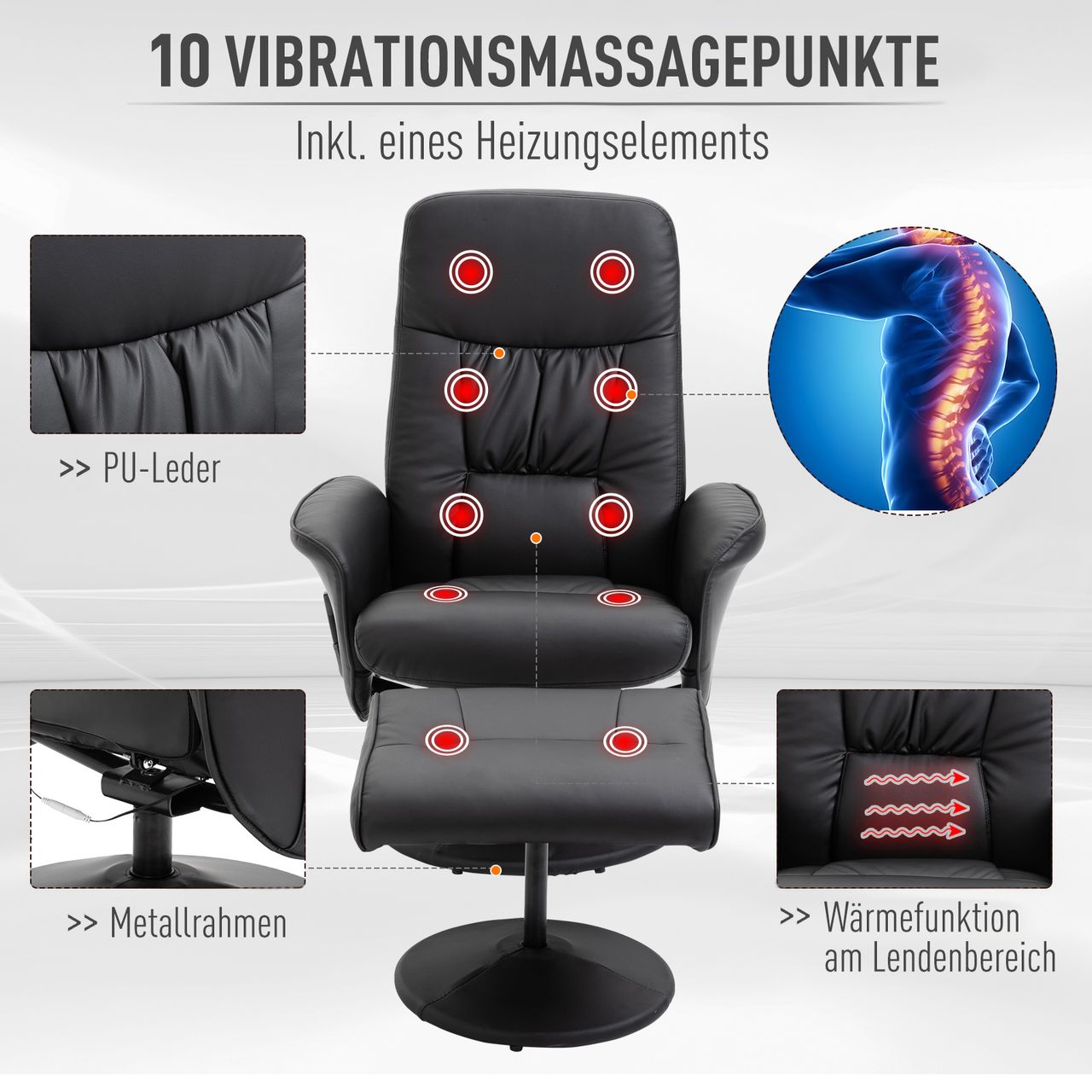 HOMCOM Massagesessel mit Fußhocker Massagesessel Relaxsessel TV-Sessel145°-Neigung Liegesessel Ergonomischer Stuhl mit 10 Vibrationpunkte Kunstleder Schwarz 76 x 81 x 105 cm