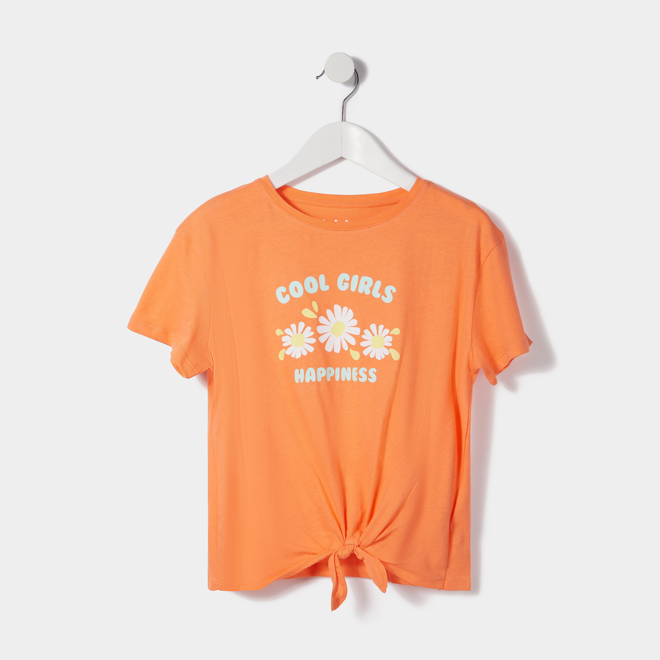 T-shirt manches courtes noué orange corail fille | La Halle