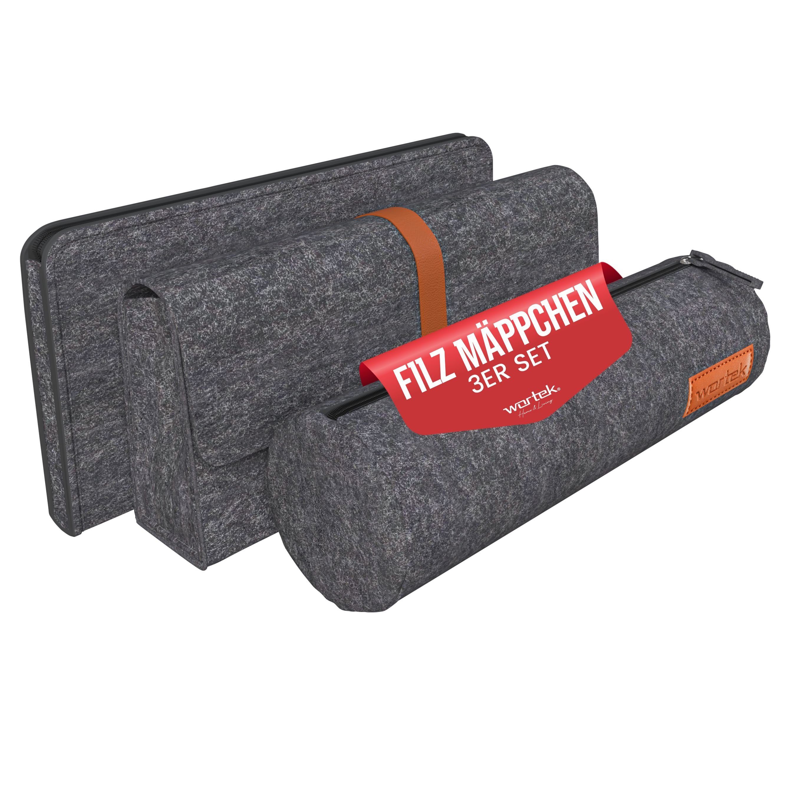 wortek Federmäppchen Filz Federmäppchen, 3fach, 1x Federmappe Mäppchen, 1x Schlampermäppche, (Set), Filztaschen Etui Mäppchen für Schule & Büro