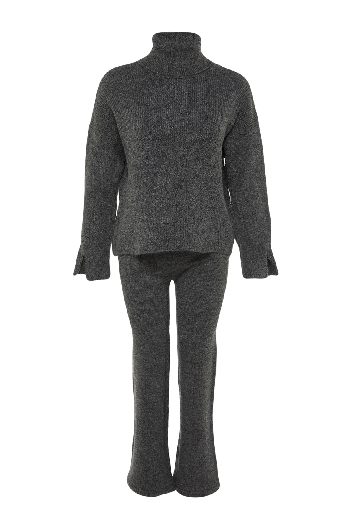 Trendyol Collection  Anthrazitfarbenes, weich strukturiertes Basic-Strickober- und -Unterteil-Set mit Hose TWOAW22AU0312
