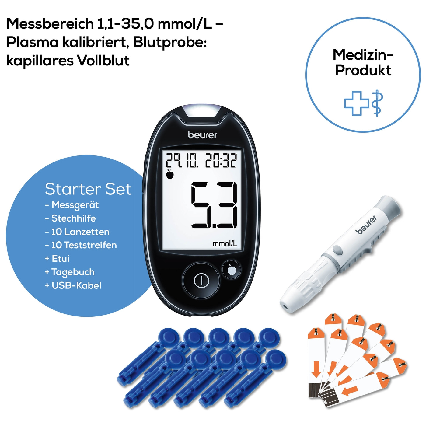 Beurer Blutzuckermessgerät GL 44 Purple mmol/L-Blutzuckermessgerät mit Blutmengenkontrolle & App-Anbindung