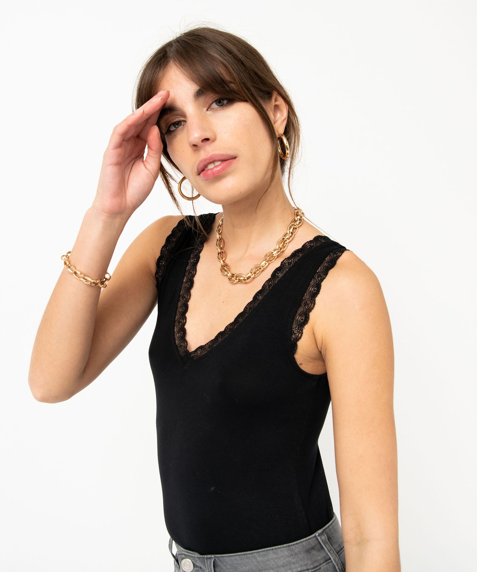 Débardeur femme avec décolleté en V en dentelle noir | GEMO