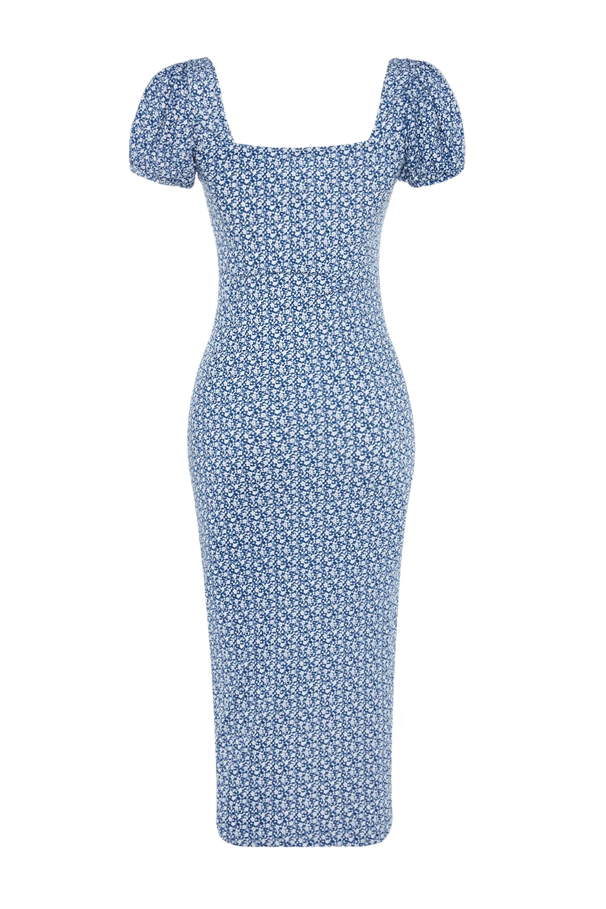 Trendyol Collection  Marineblaues, bedrucktes, tailliertes Midi-Bleistiftkleid aus Strick mit Schlitzdetail und quadratischem Kragen TWOSS23EL00713