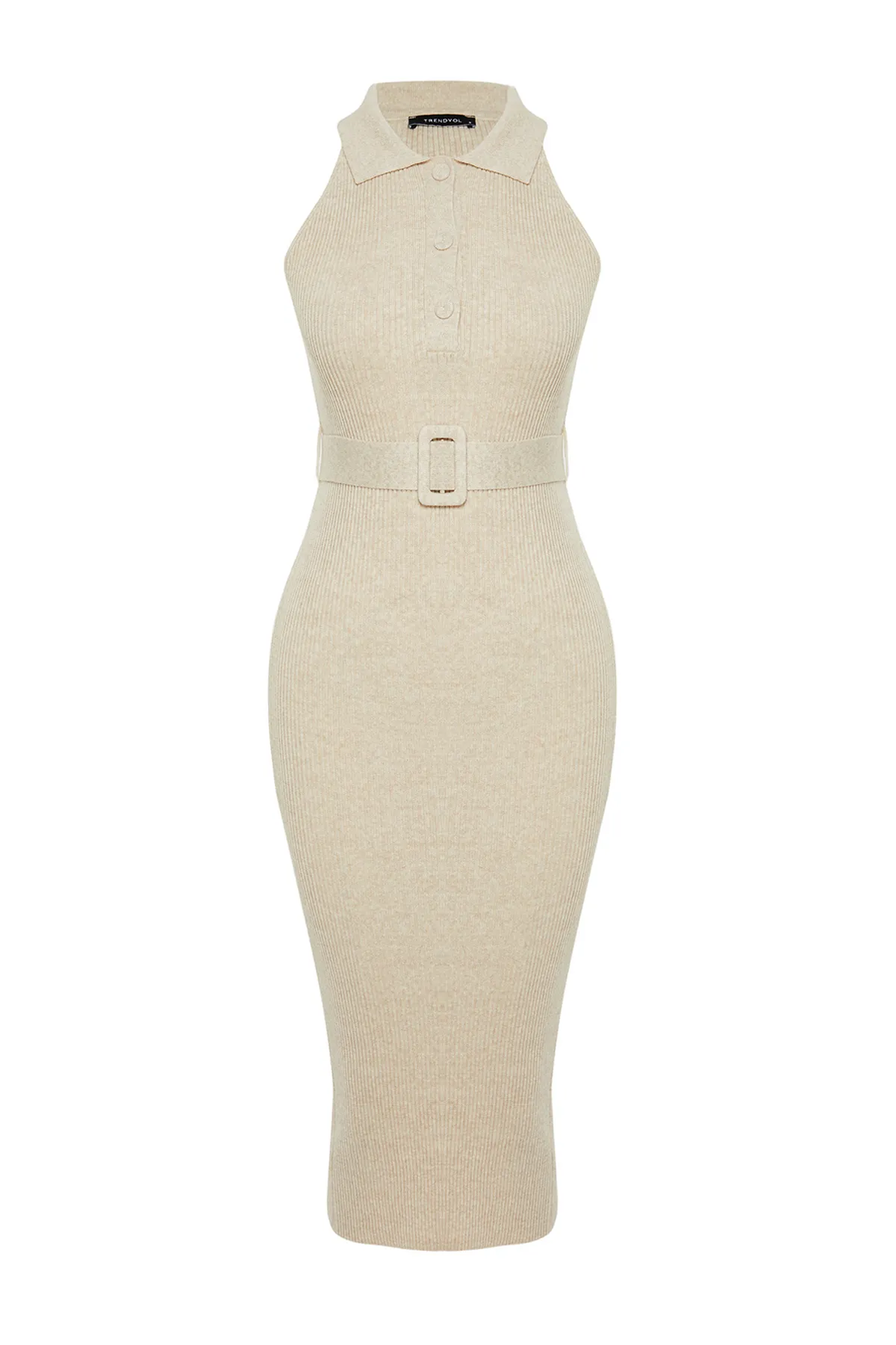Trendyol Collection  Beiges Strick-Midikleid mit Gürteldetail TWOSS22EL1031