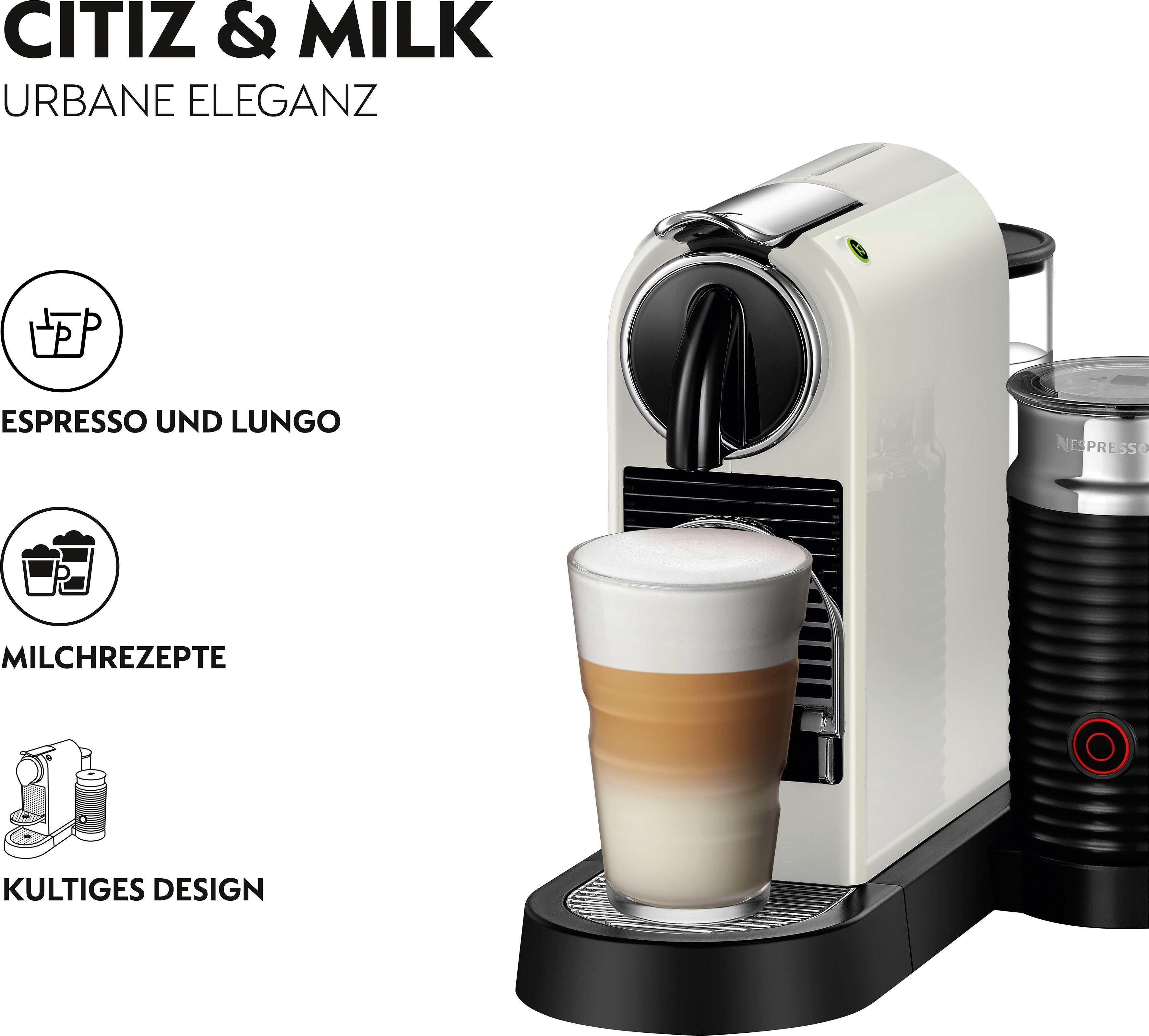 Nespresso Kapselmaschine CITIZ EN 267.WAE von DeLonghi, White, inkl. Aeroccino Milchaufschäumer, Willkommenspaket mit 7 Kapseln