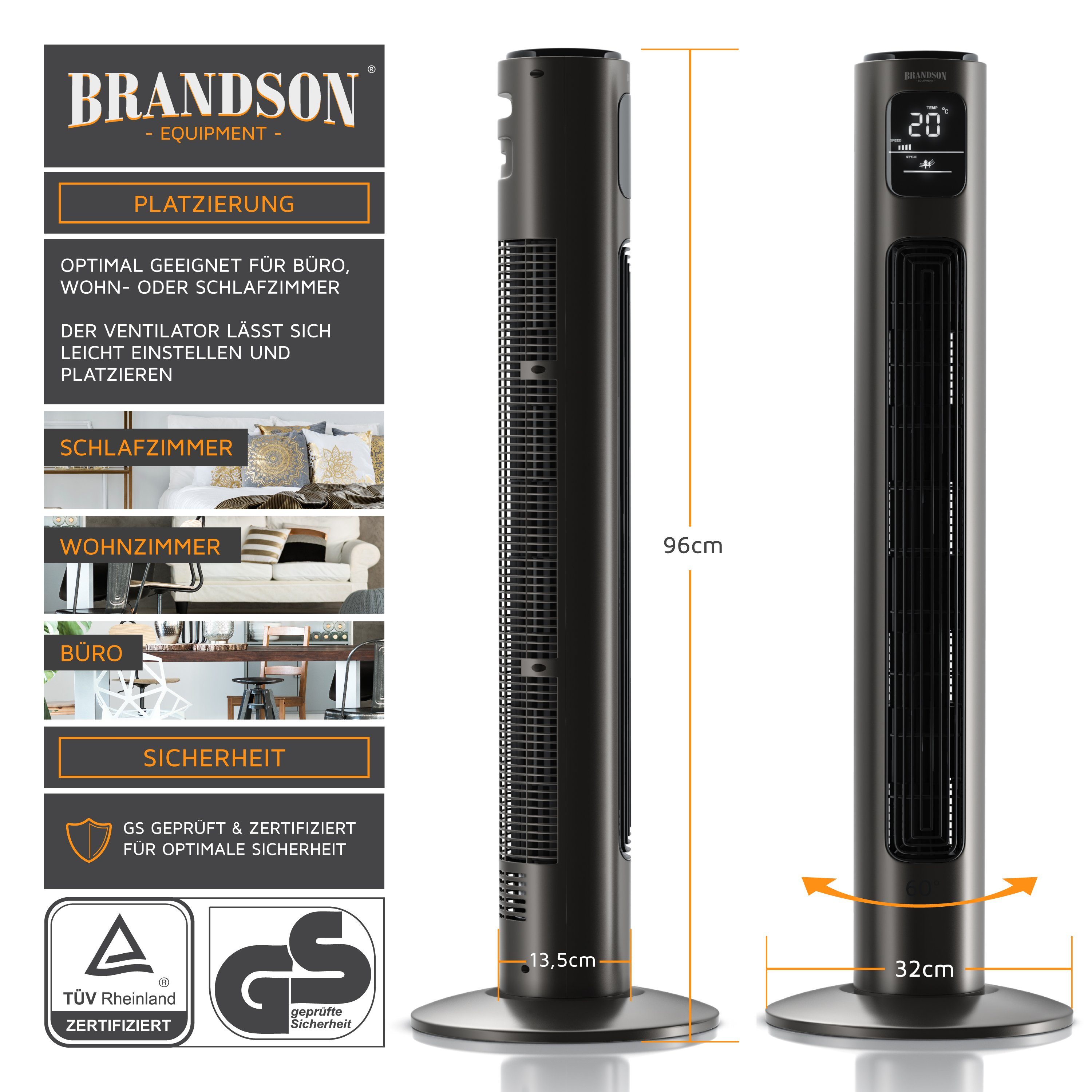Brandson Turmventilator, Oszillation 65°, Timer, Fernbedienung, Standventilator 96cm, Aschgrau