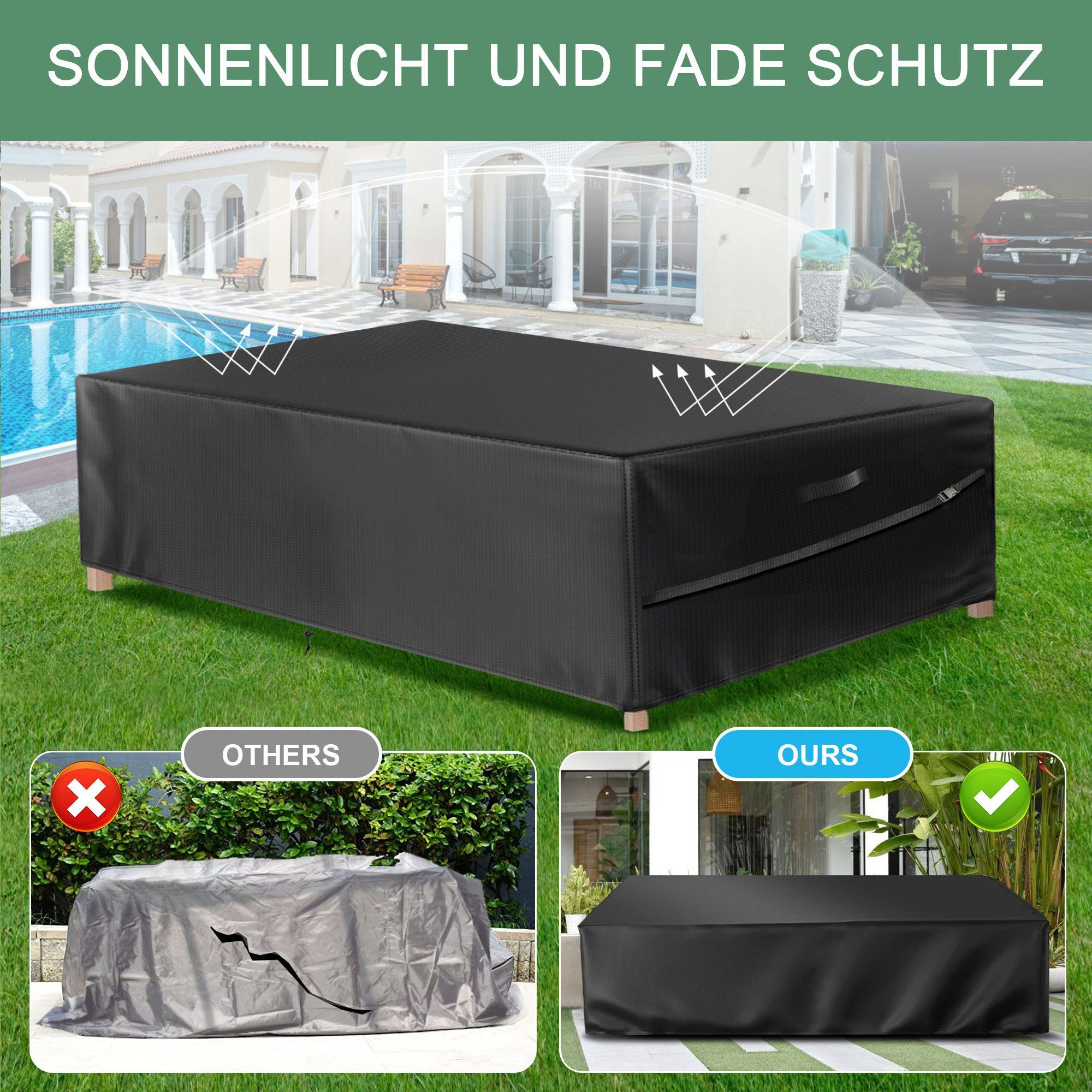 BTTO Gartenmöbel-Schutzhülle Abdeckung Gartenmöbel,Abdeckplane Gartenmöbel für Terrassenmöbel, Wasserdicht,Schwerlast 420D Oxford Gewebe,UV-Beständiges,Rechteckig