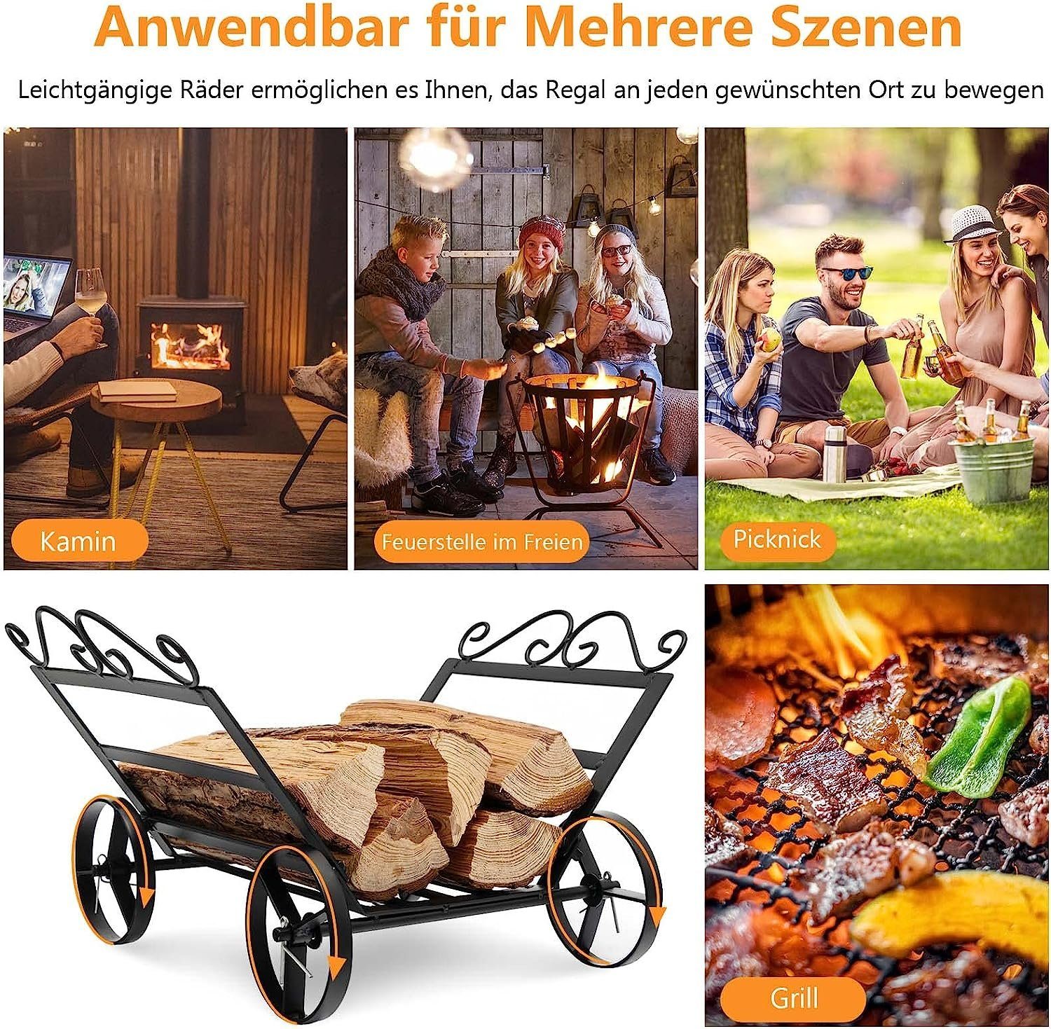 KOMFOTTEU Kaminholzregal Brennholzregal, mit 4 Räder