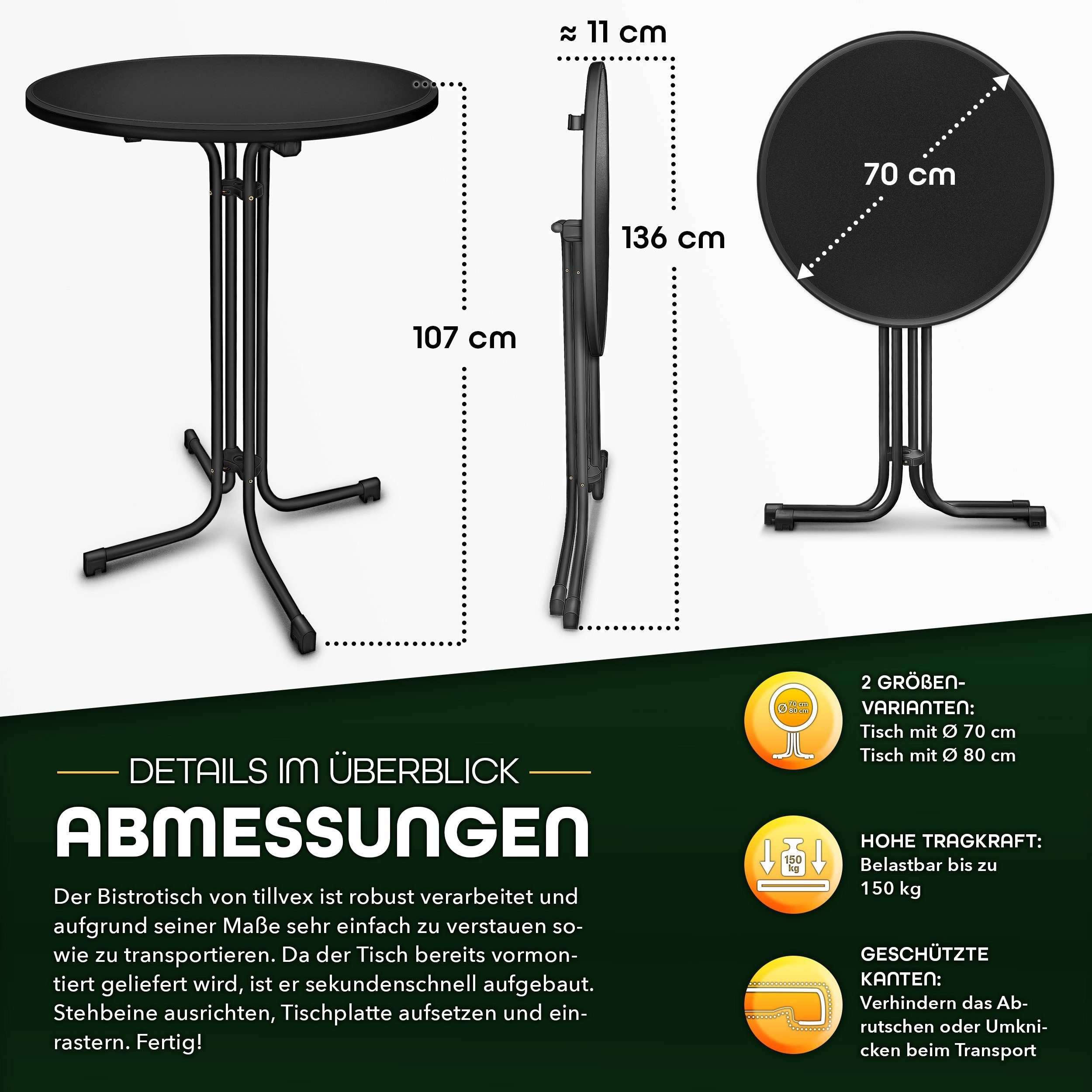 tillvex Stehtisch Gastro Stehtisch klappbar mit Husse Bistrotisch rund, FERTIG MONTIERT Klapptisch Partytisch Gartentisch