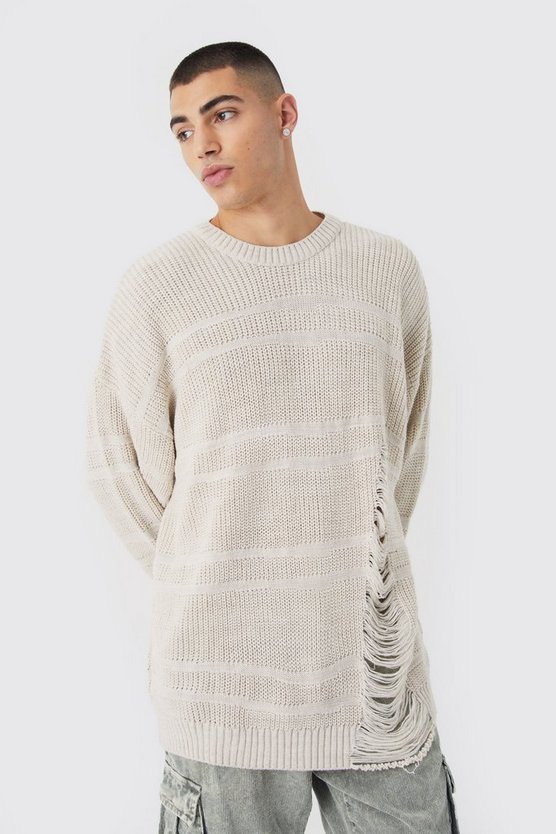 Zweifarbiger zerrissener Oversize Strickpullover
