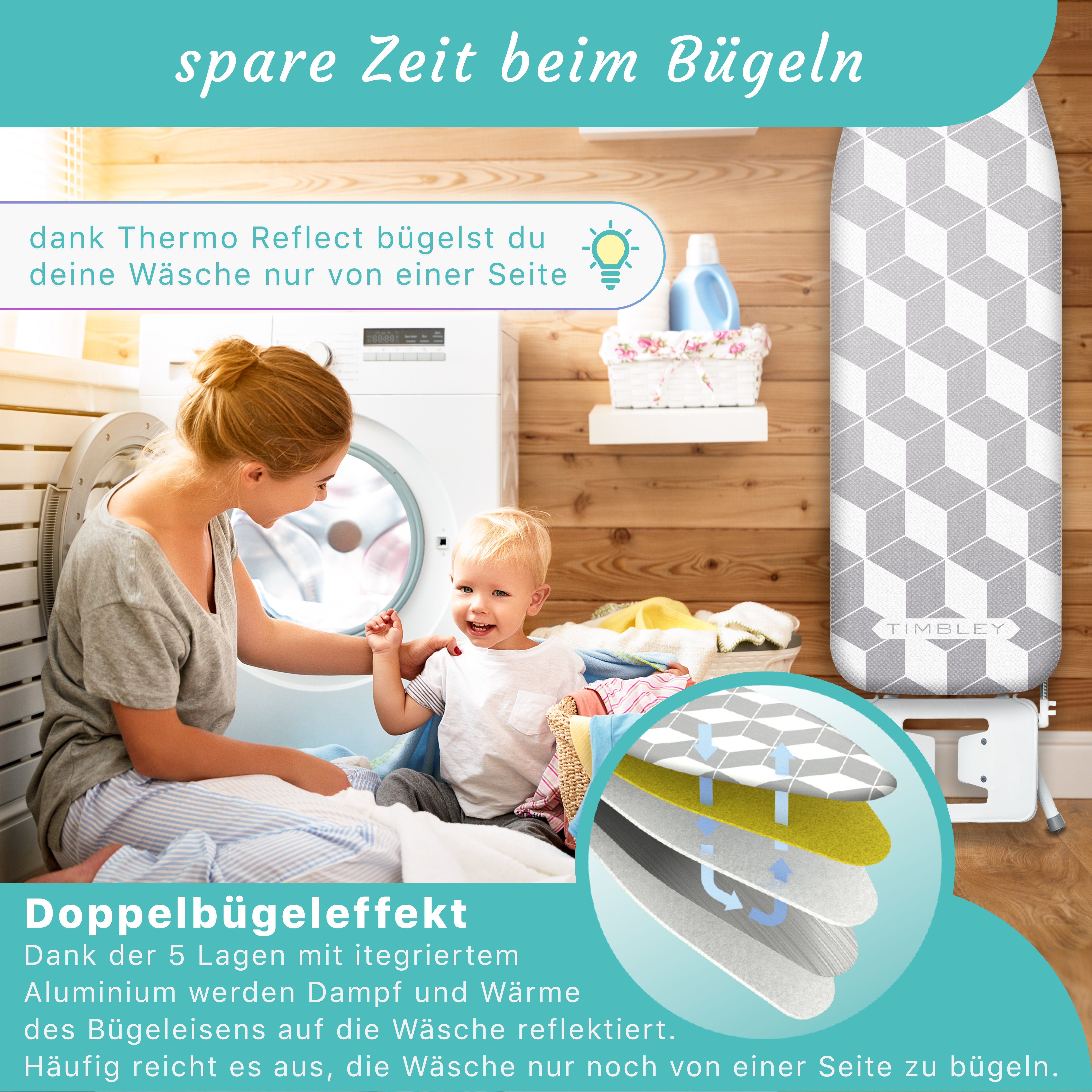 Timbley Bügelbrettbezug Thermo Reflect 120x40 extra dicke Polsterung, Zubehör für Bügeltische mit einer Länge von 115-125 cm und einer Breite von 35-45 cm, extra dicke 5 Lagen Polsterung, integrierte Aluminiumschicht