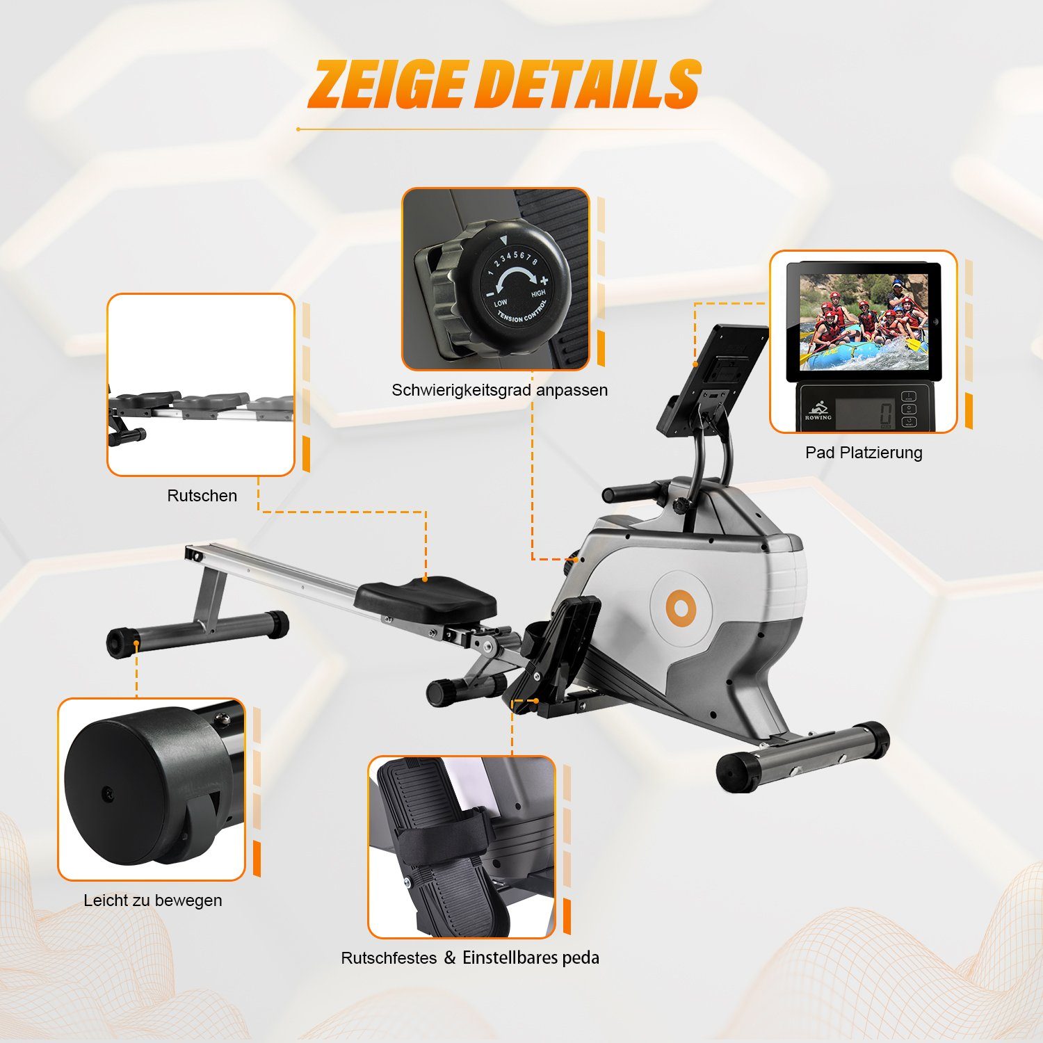 WISHDOR Rudergerät Wasser Rudergerät Rudermaschine klappbar 8 Widerstandsstufen zuhause (mit Transporträdern, leises Magnetbremssystem, Enthält kein PAD), das Heim-Fitnessstudio Rower Ruderer Bis 120KG