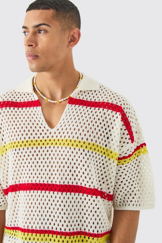 Kastiges gestreiftes Oversize Häkel-Poloshirt