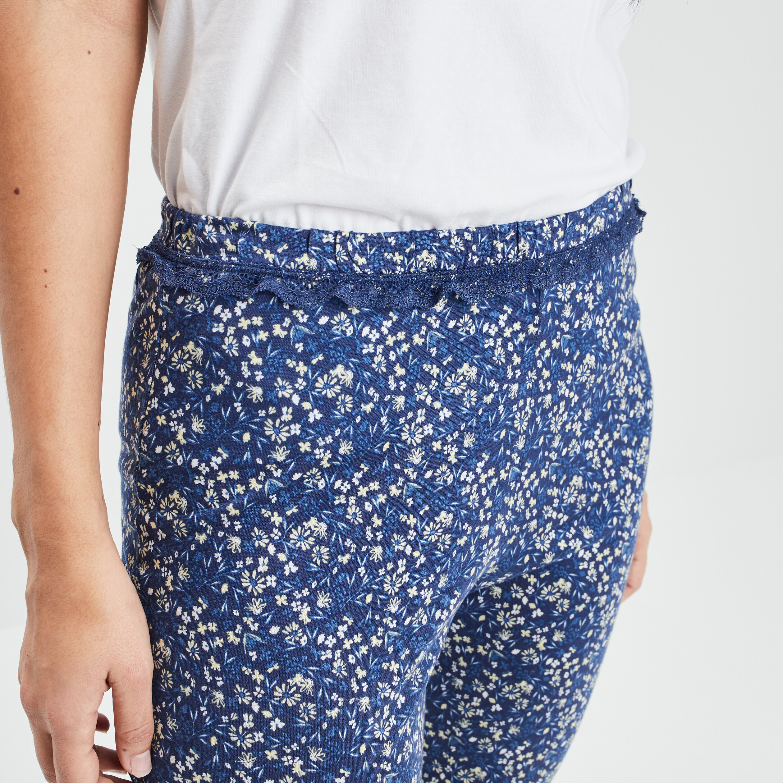 Pantalon pyjama liseré dentelle bleu marine femme | La Halle