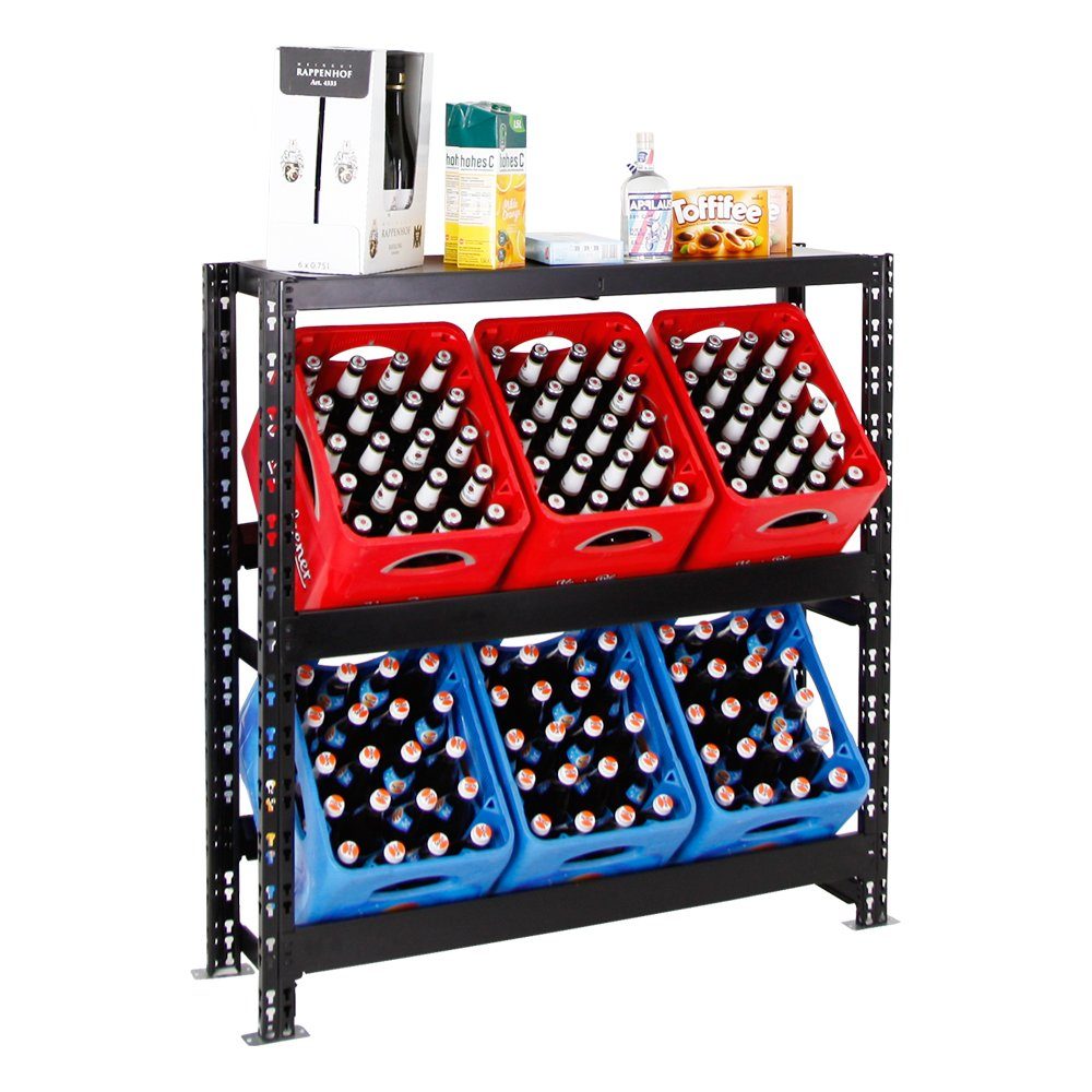 PROREGAL® Standregal Getränkekistenregal Tegernsee XL, HxBxT 110x110x30 cm, für 6 Kästen, Getränkeregal, Schwarz, 2 Ebenen + Board, 100kg Traglast pro Ebene, Kistenregal