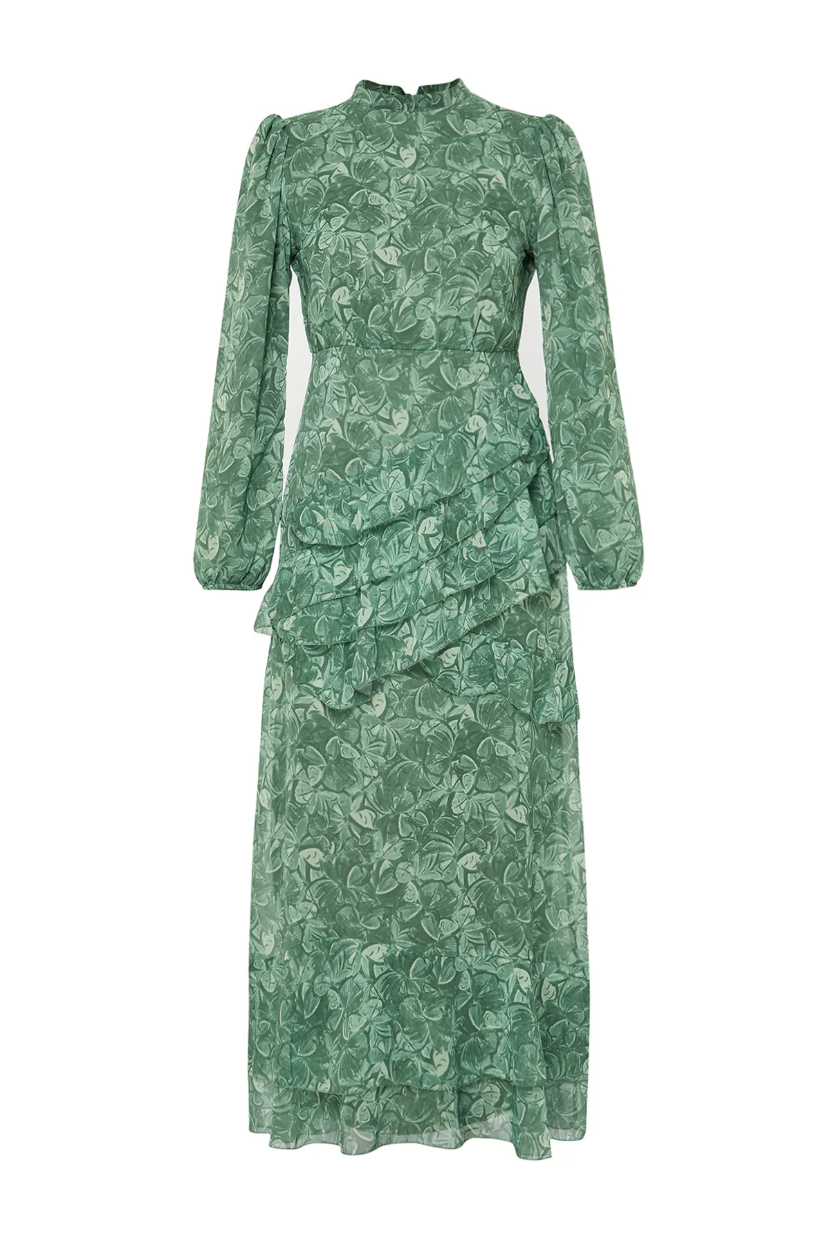 Trendyol Modest  Khakifarbenes Kleid aus gewebtem Chiffon mit Blumenrock und Rüschenfutter TCTSS23EB00160