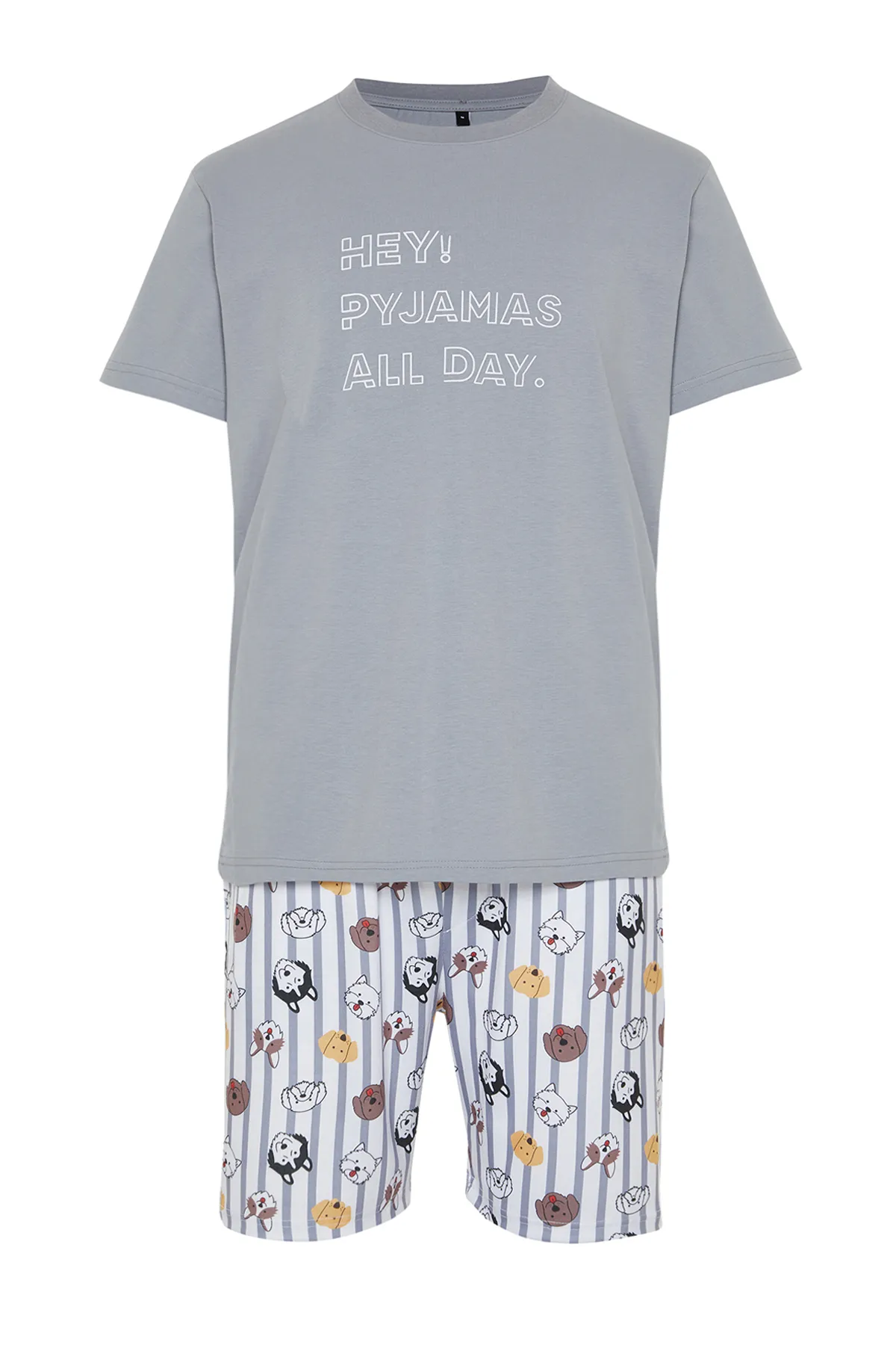Trendyol Collection  Graues, normal geschnittenes, bedrucktes Pyjama-Set mit Shorts und Shorts TMNSS23PT00000