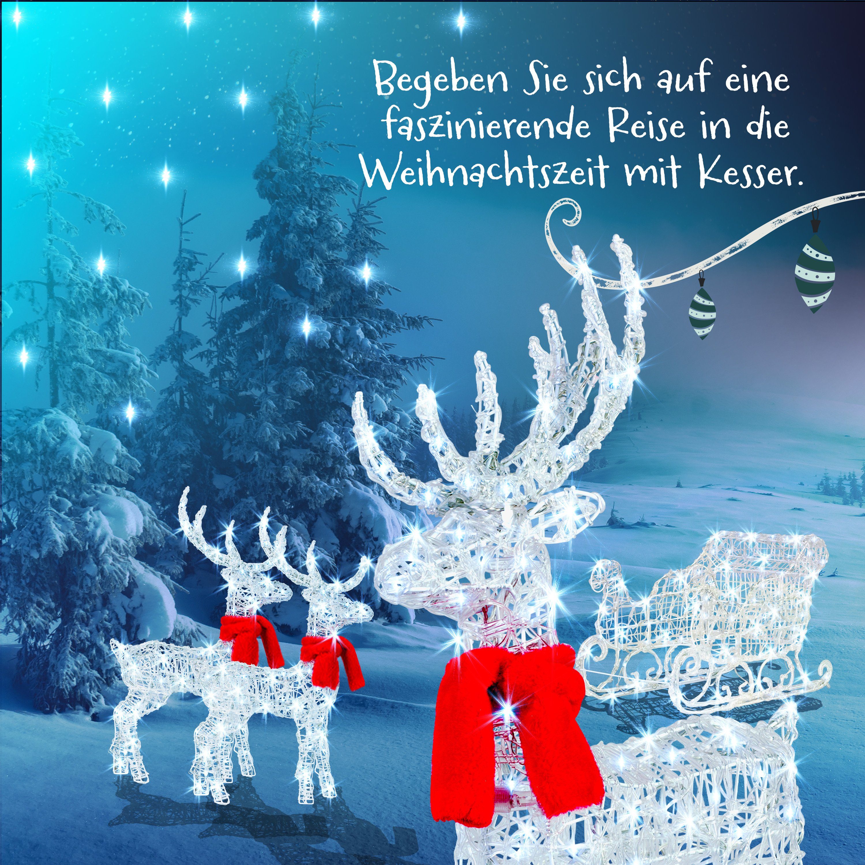 KESSER Weihnachtsfigur, 240er LED Rentiere Schlitten weiß Timer Weihnachtsbeleuchtung