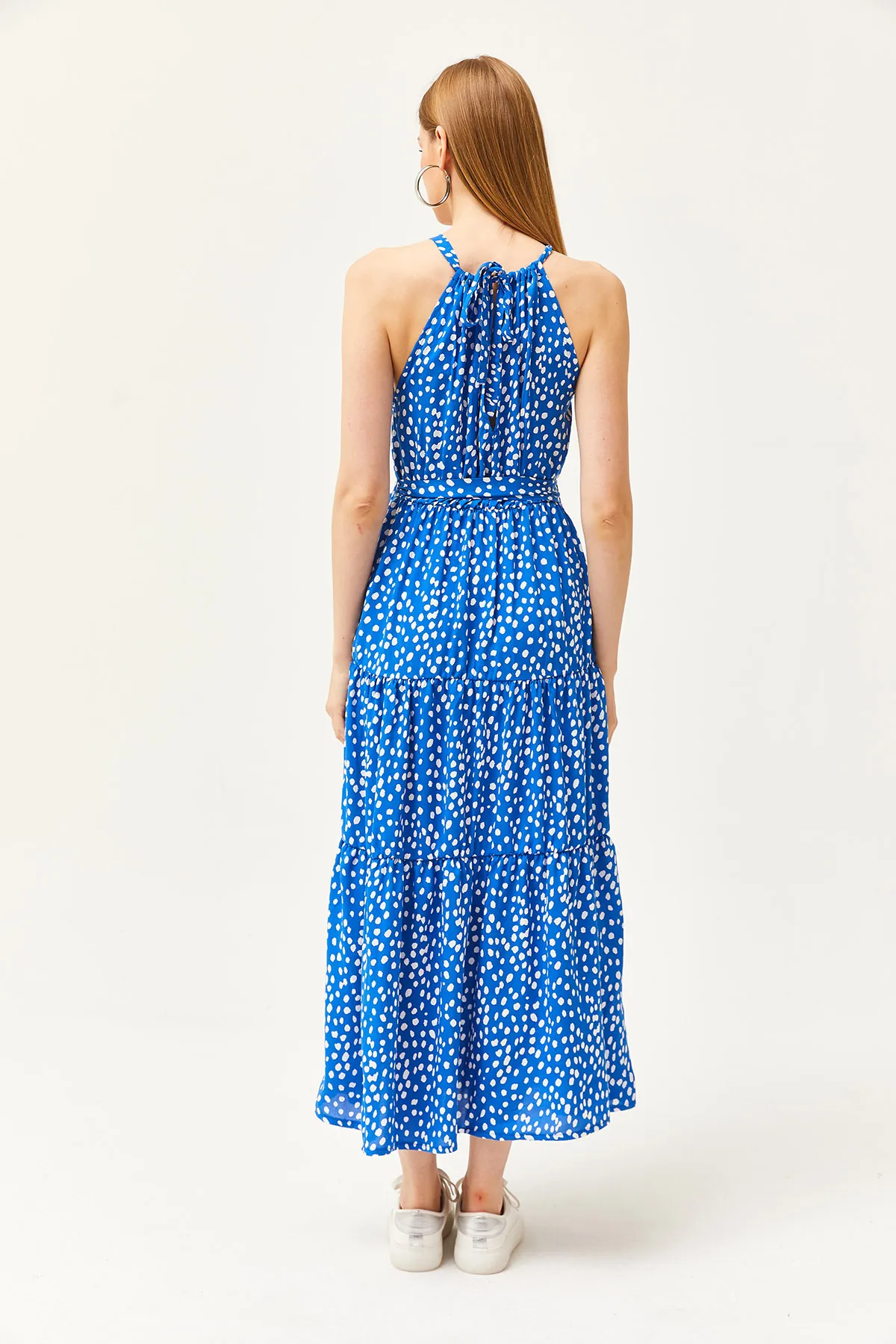 Olalook  Damen Polka Dot Saks Blau Neckholder Kleid aus gewebter Viskose mit Gürtel ELB-19001548