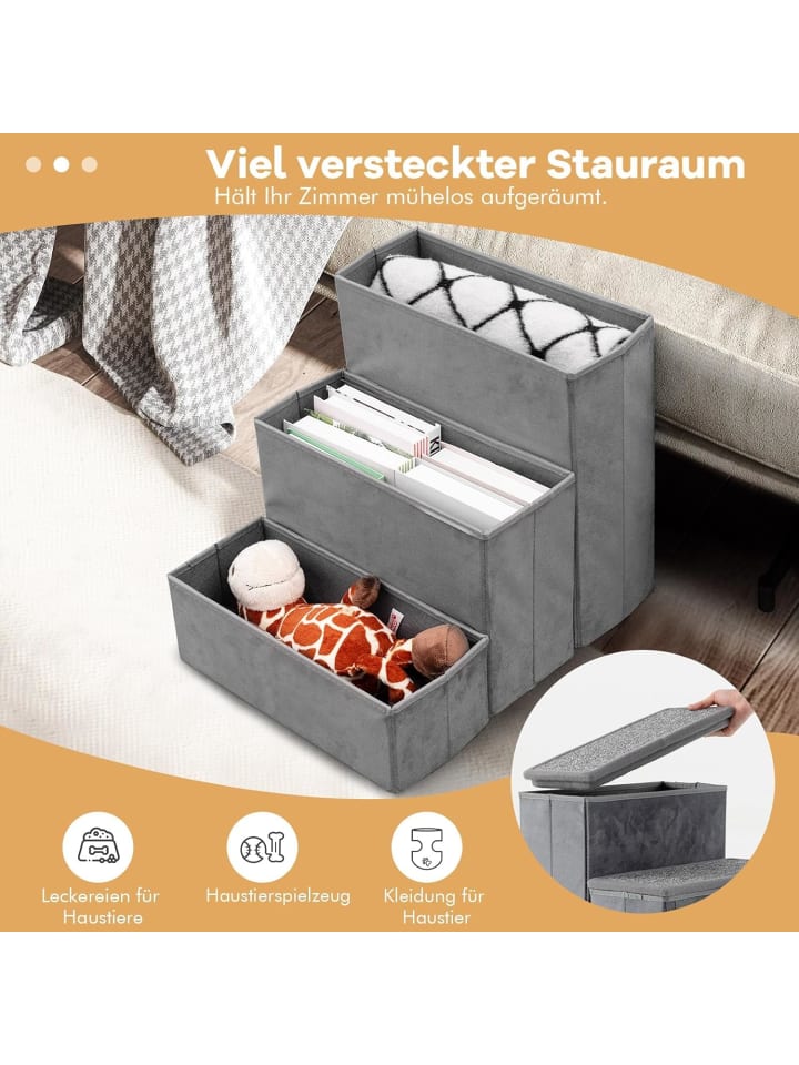 COSTWAY Hundetreppe 3 Stufen Faltbar mit Stauraum in Grau günstig kaufen onesize