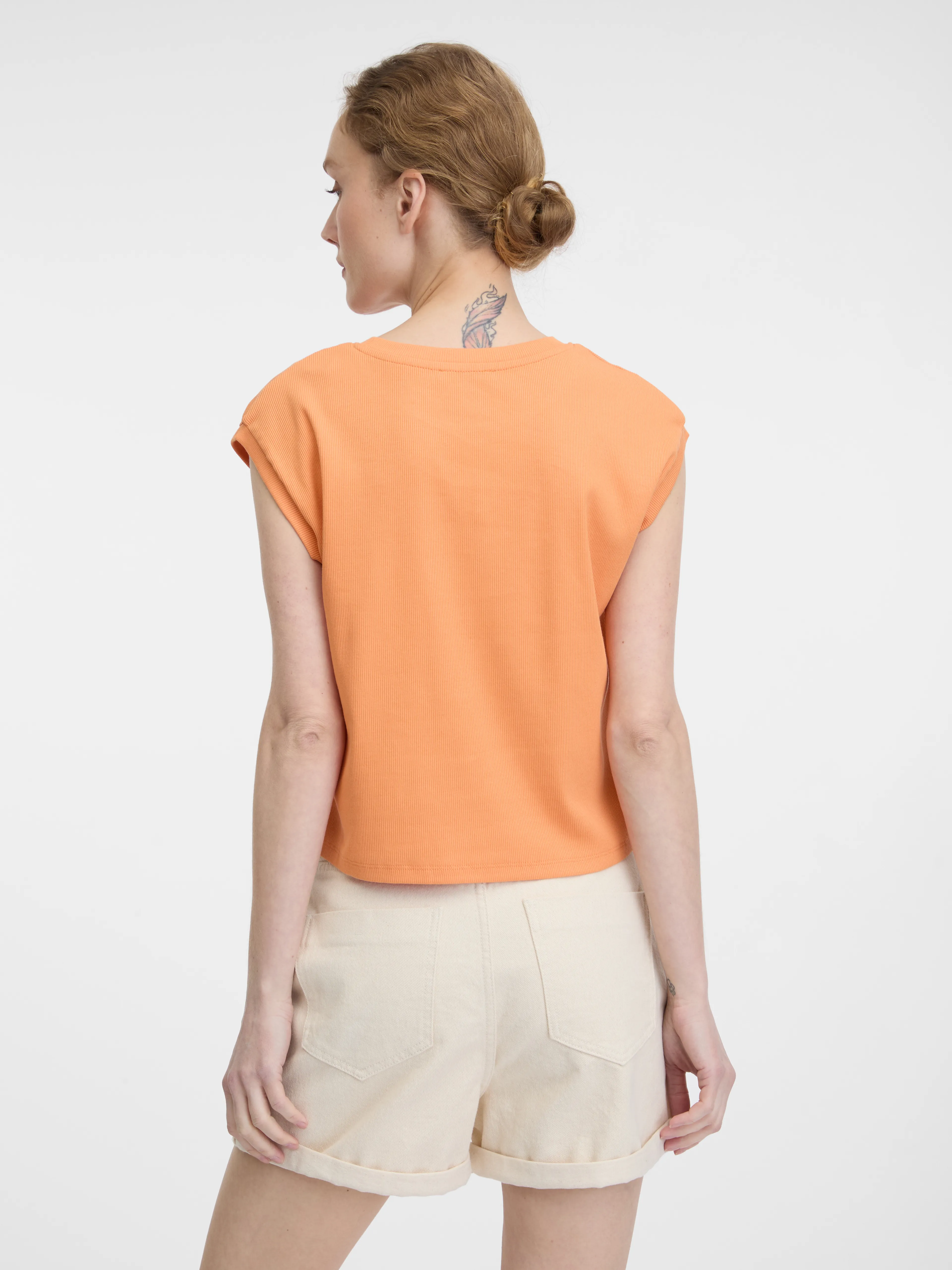 Orangefarbenes Damen Crop-T-Shirt für mit kurzen Ärmeln ORSAY