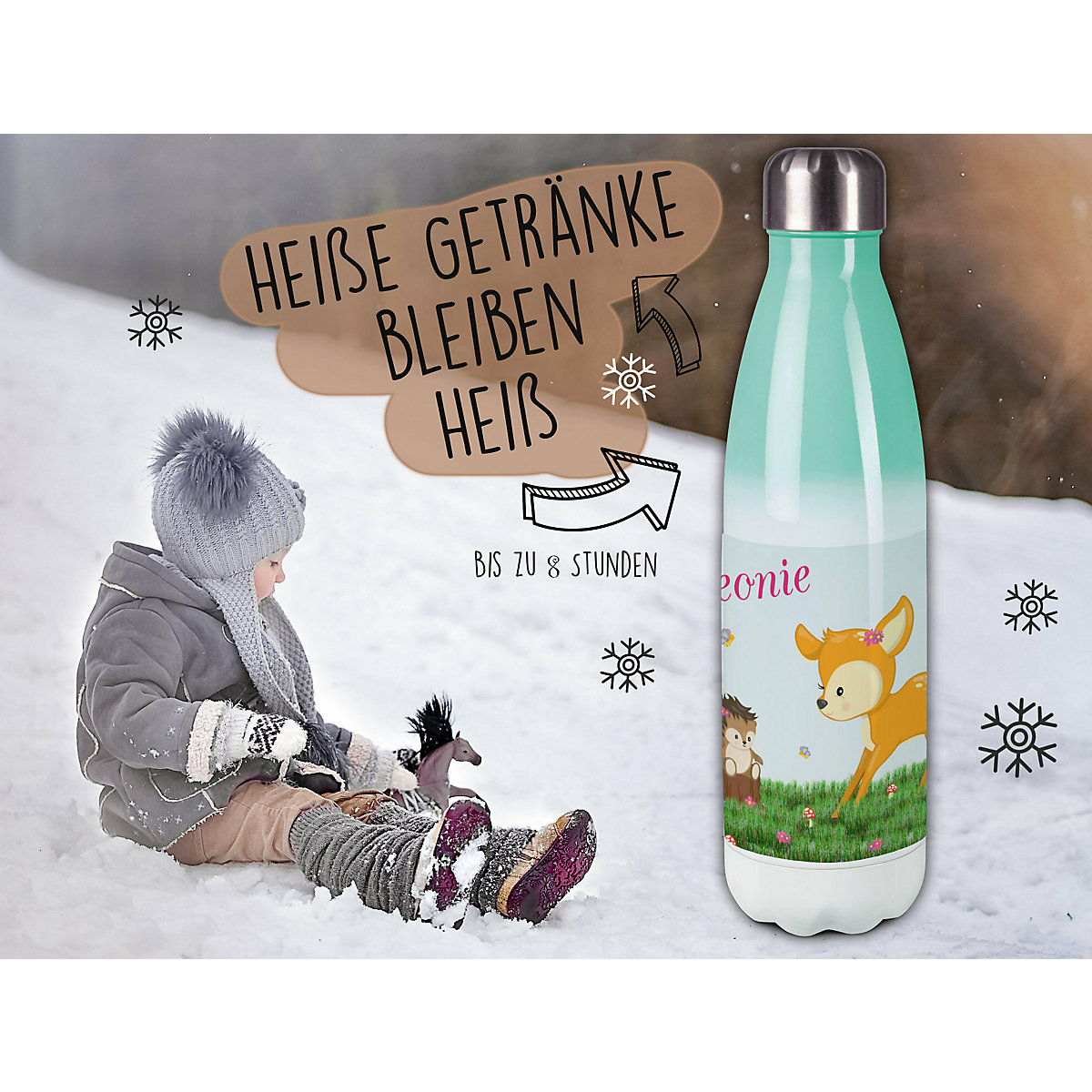 Edelstahl Kinder Thermoflasche / Trinkflasche bunt Reh Spülmaschinenfest, Auslaufsicher, Bruchfest, Doppelwandig, Für Heißgetränke geeignet, Mit Deckel, Isoliert