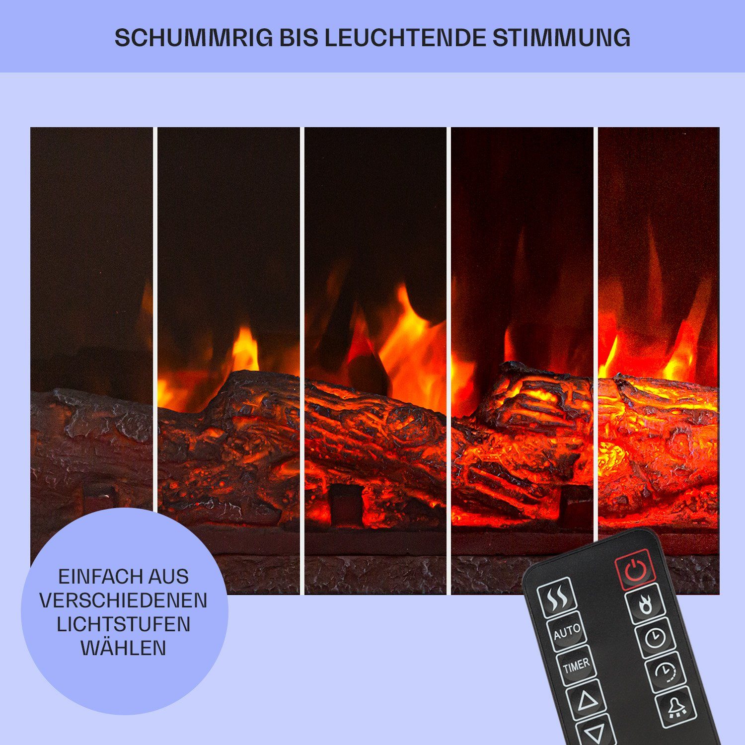 Klarstein Elektrokamin Studio Light & Fire, elektrischer Kamin mit Heizfunktion Heizlüfter elektrischer Kaminofen