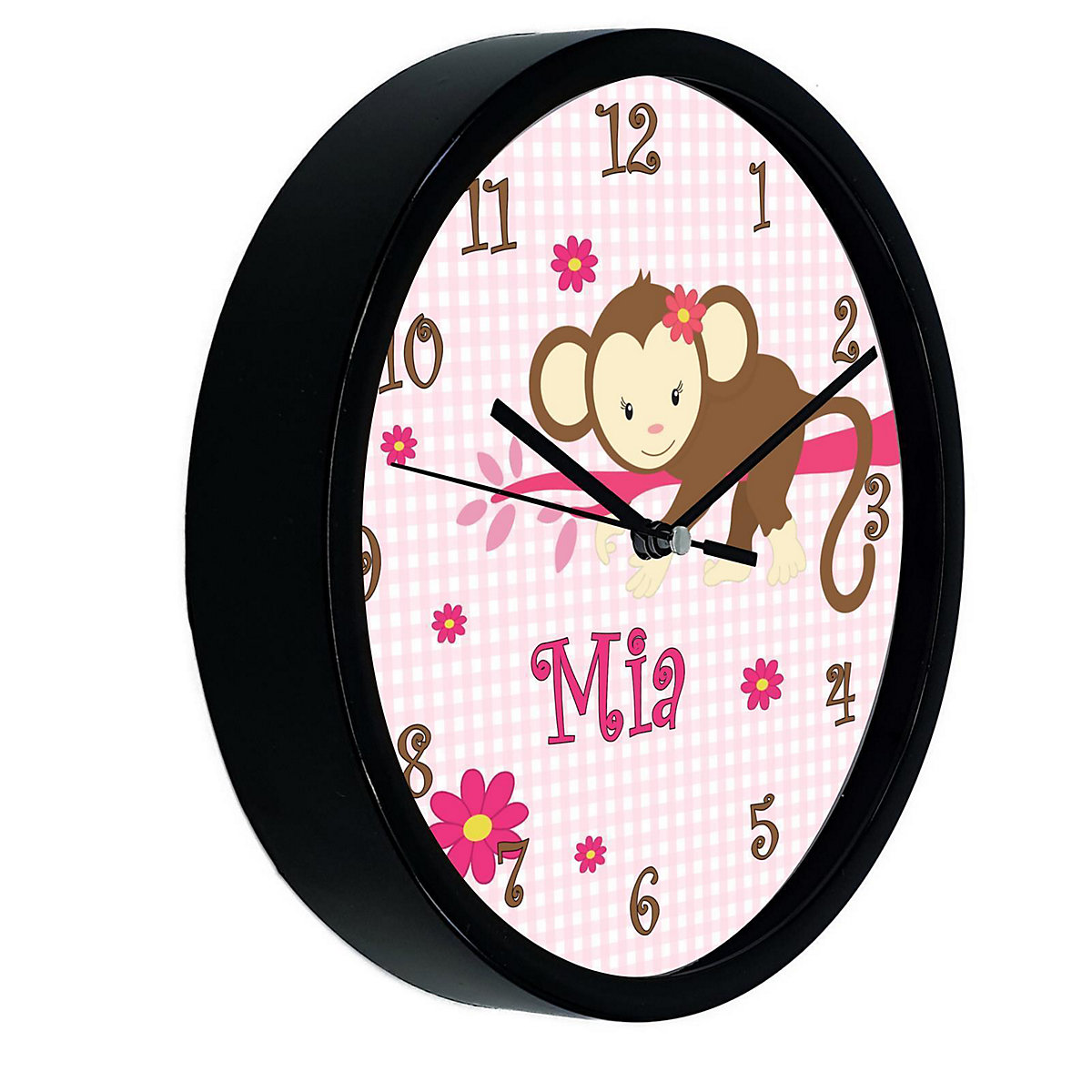 Kinder Wanduhr personalisiert mit Name Affe hängend Rosa