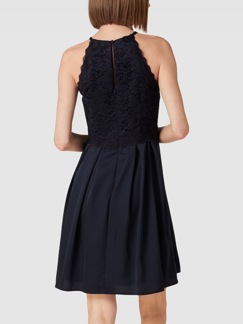 Knielanges Cocktailkleid mit Spitzenbesatz in marineblau meliert