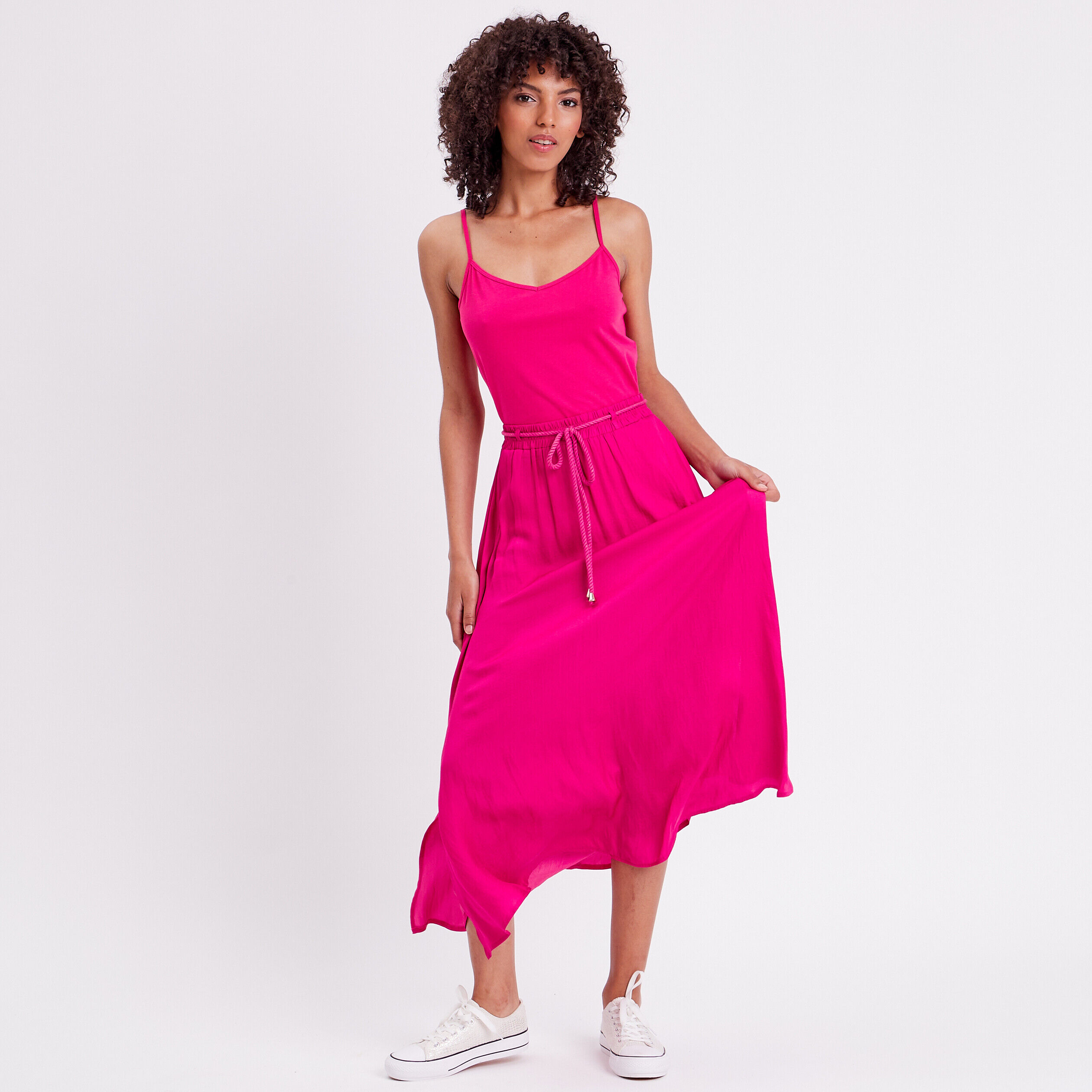 Jupe longue évasée satin rose fushia femme | Cache Cache