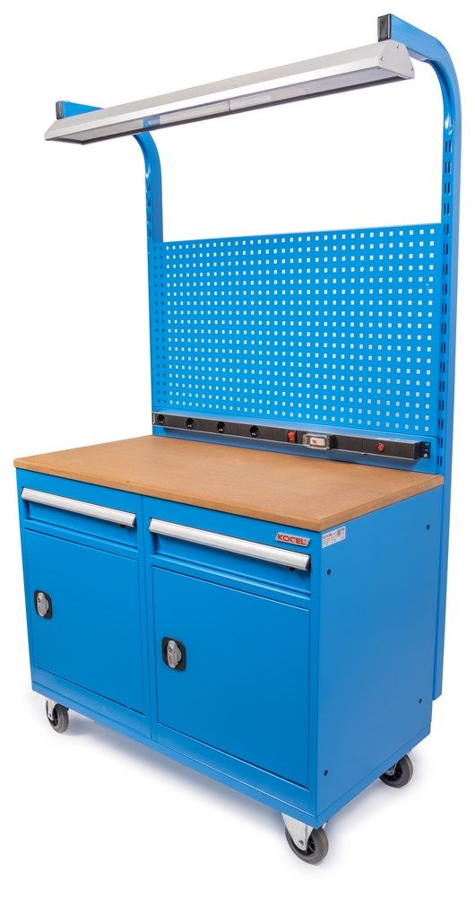 Banco da lavoro mobile Huvema K8053 con parete portautensili e piano di lavoro in MDF da 25 mm.